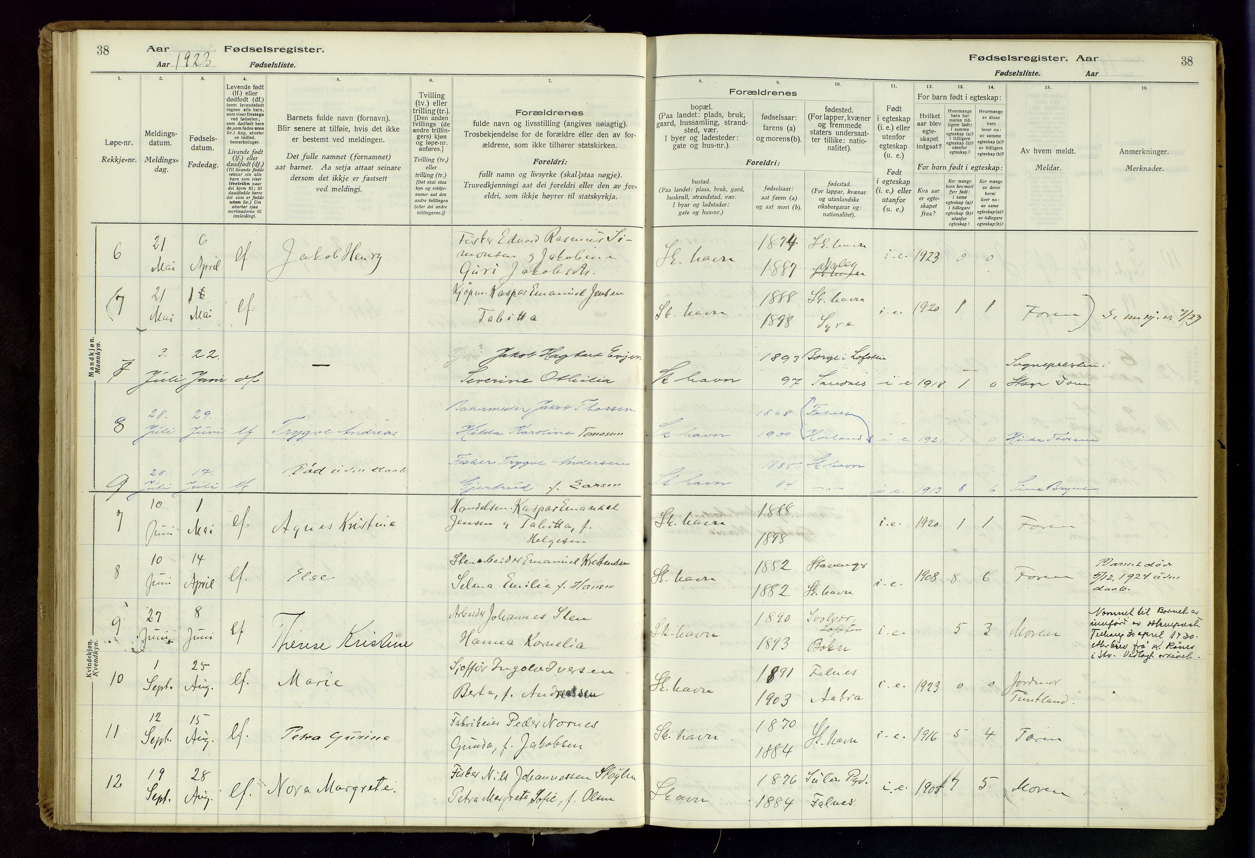 Skudenes sokneprestkontor, AV/SAST-A -101849/I/Id/L0003: Birth register no. 3, 1916-1964, p. 38