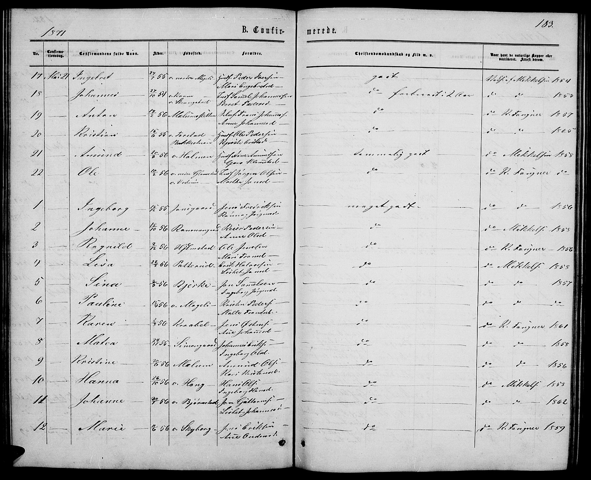 Øyer prestekontor, SAH/PREST-084/H/Ha/Hab/L0001: Parish register (copy) no. 1, 1863-1877, p. 183