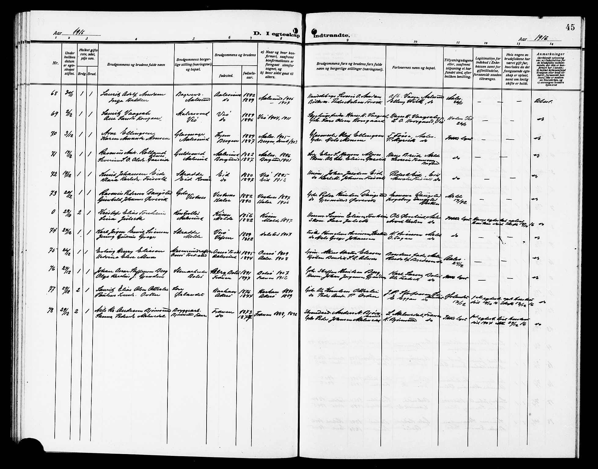 Ministerialprotokoller, klokkerbøker og fødselsregistre - Møre og Romsdal, AV/SAT-A-1454/558/L0703: Parish register (copy) no. 558C04, 1906-1921, p. 45