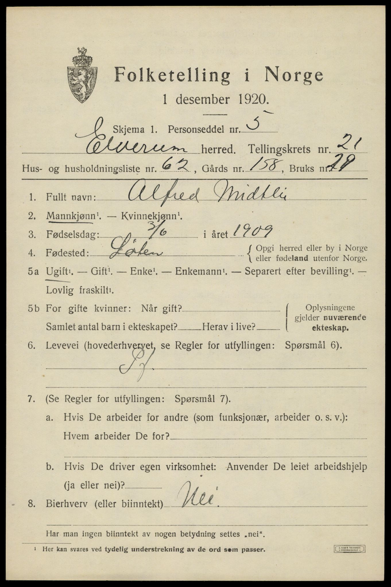 SAH, 1920 census for Elverum, 1920, p. 24542