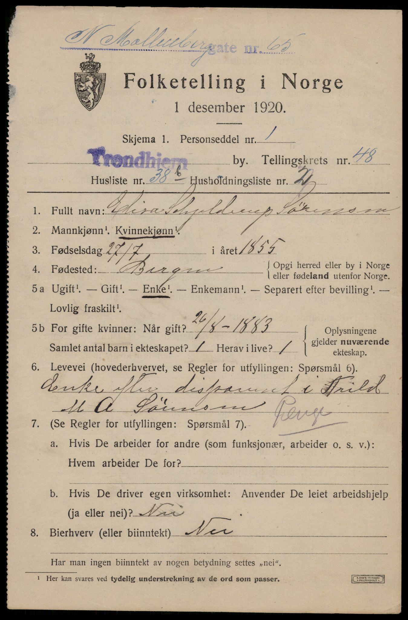 SAT, 1920 census for Trondheim, 1920, p. 102380