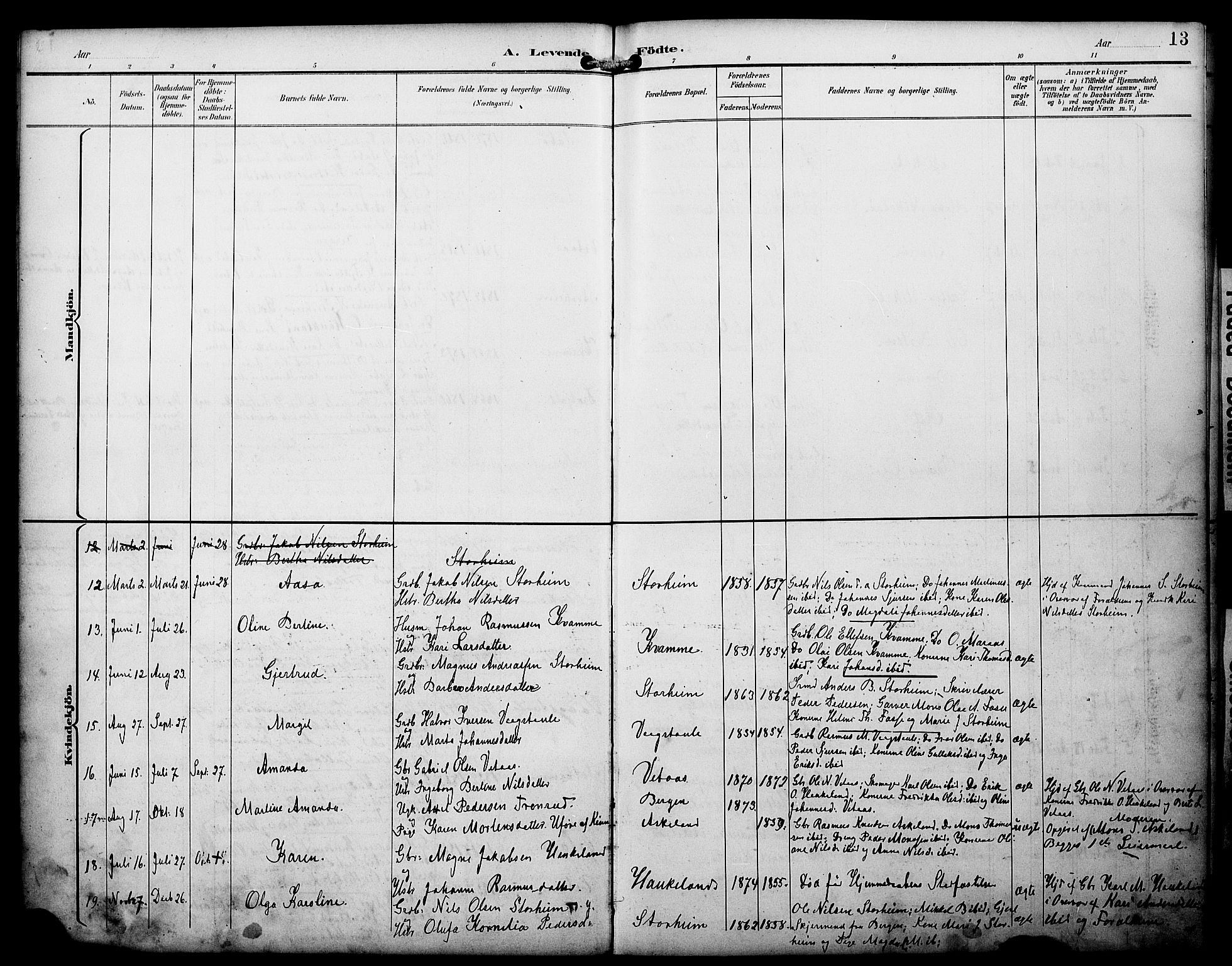 Manger sokneprestembete, AV/SAB-A-76801/H/Haa: Parish register (official) no. D 2, 1894-1908, p. 13