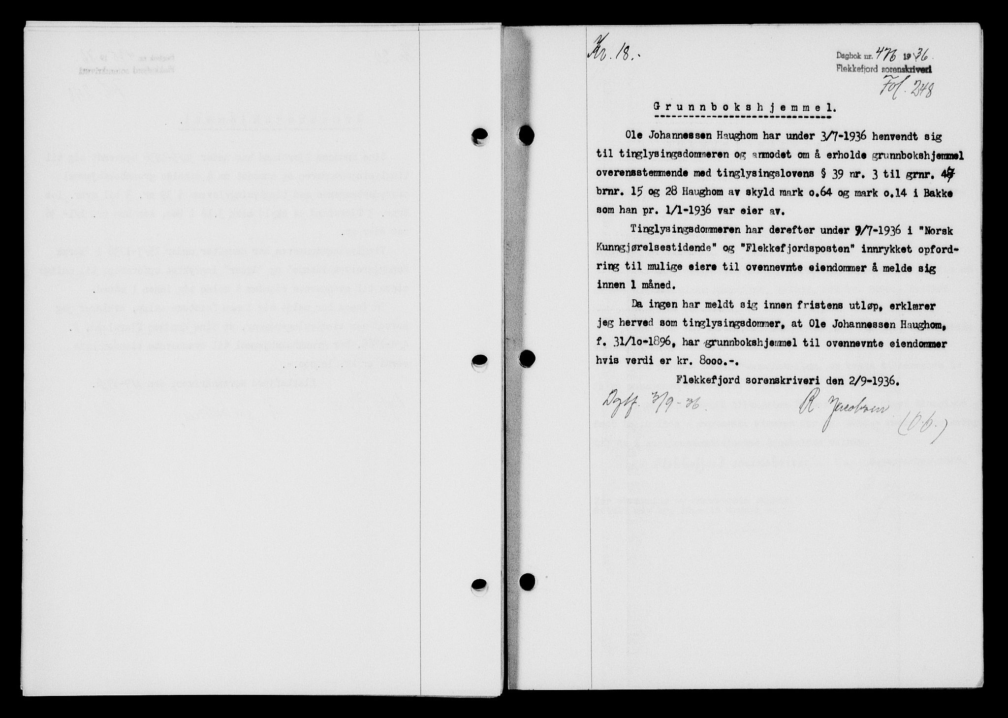 Flekkefjord sorenskriveri, SAK/1221-0001/G/Gb/Gba/L0053: Mortgage book no. A-1, 1936-1937, Diary no: : 476/1936