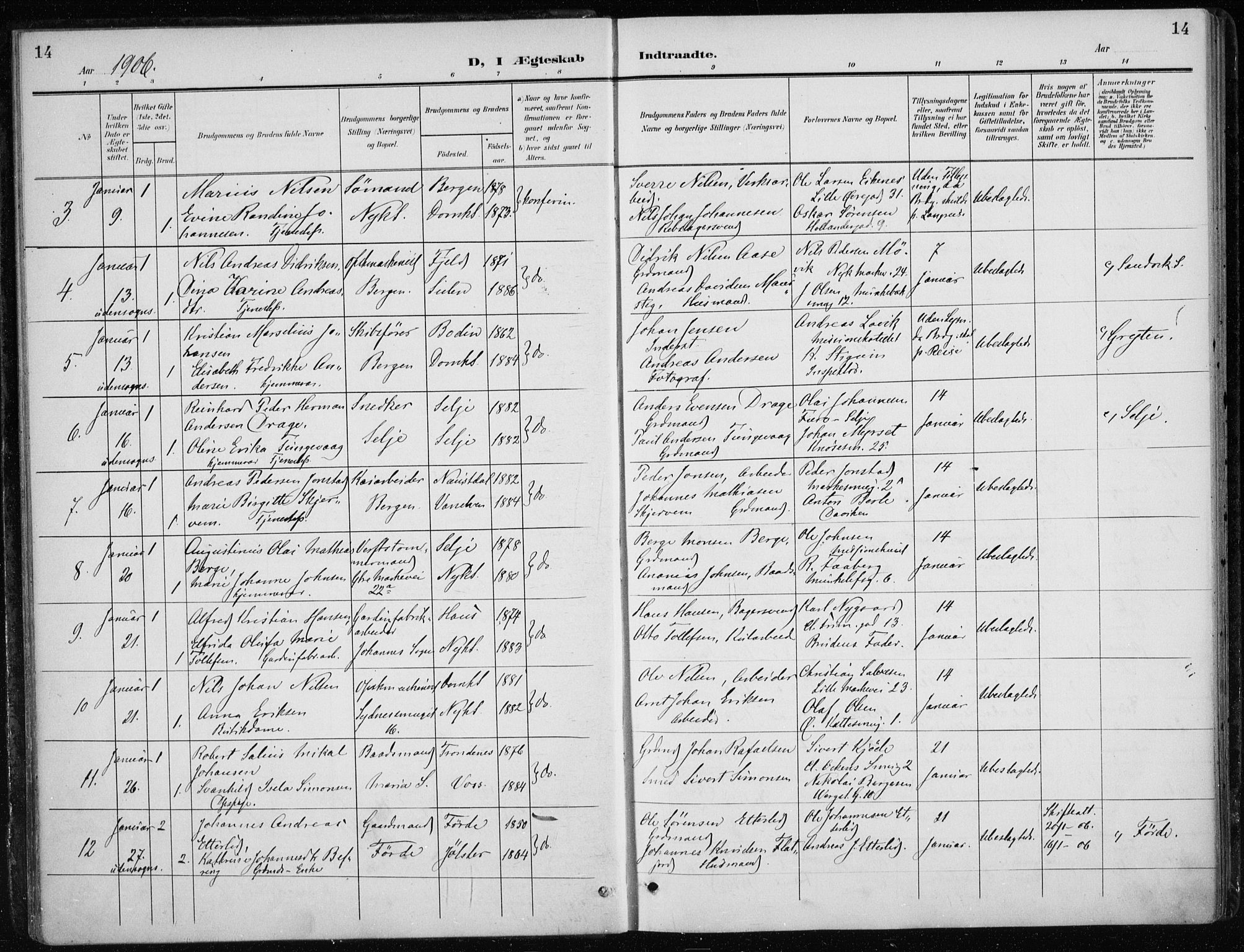 Nykirken Sokneprestembete, AV/SAB-A-77101/H/Haa/L0035: Parish register (official) no. D 5, 1905-1913, p. 14