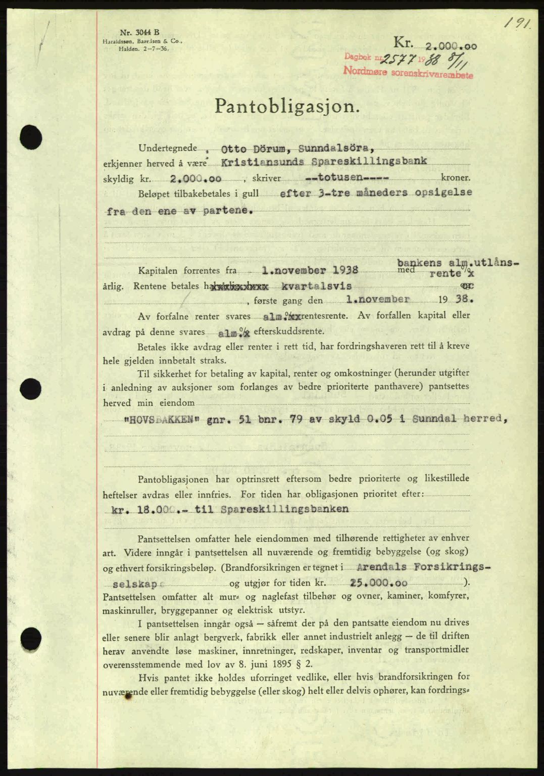 Nordmøre sorenskriveri, SAT/A-4132/1/2/2Ca: Mortgage book no. B84, 1938-1939, Diary no: : 2577/1938