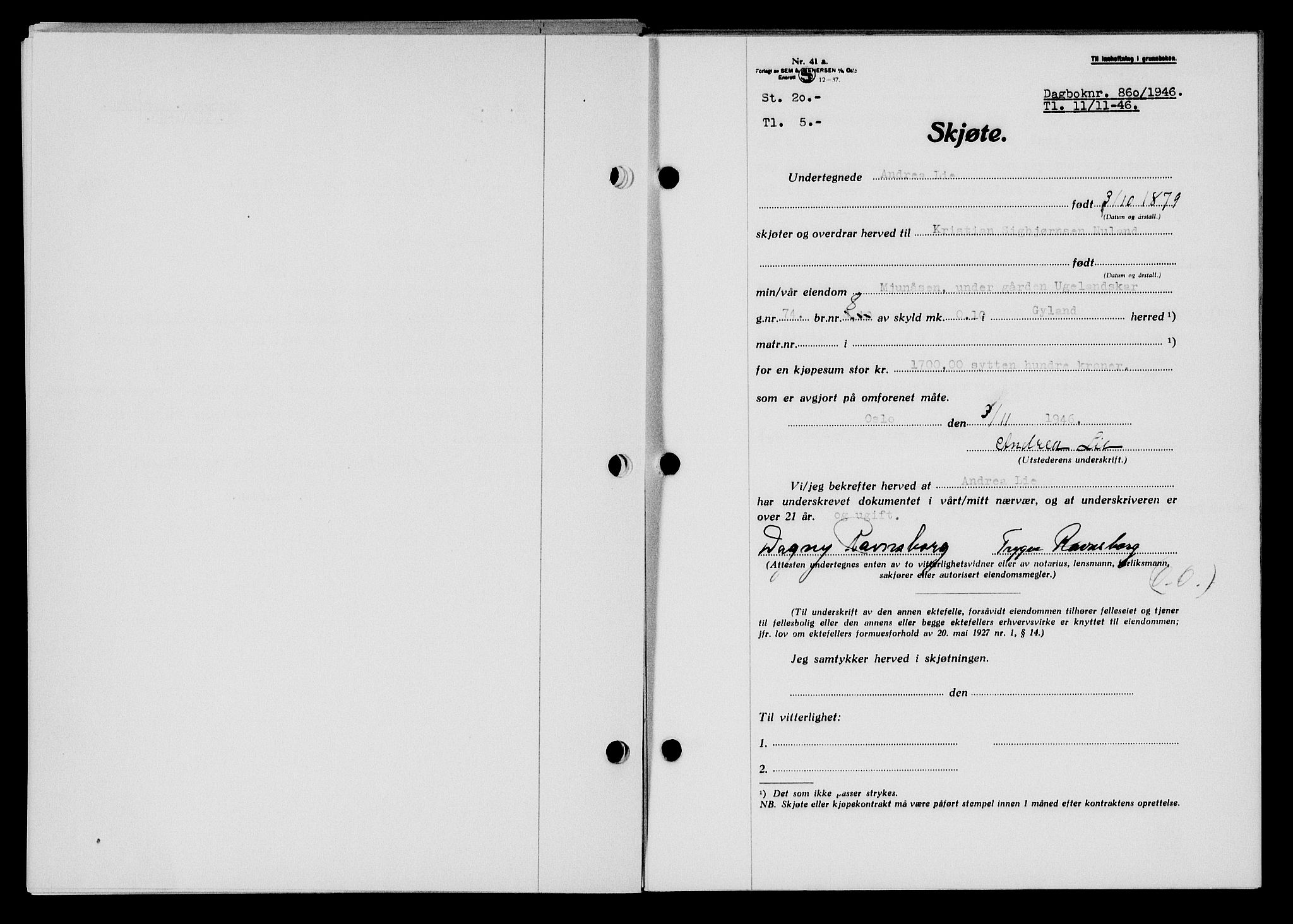 Flekkefjord sorenskriveri, AV/SAK-1221-0001/G/Gb/Gba/L0061: Mortgage book no. A-9, 1946-1947, Diary no: : 860/1946