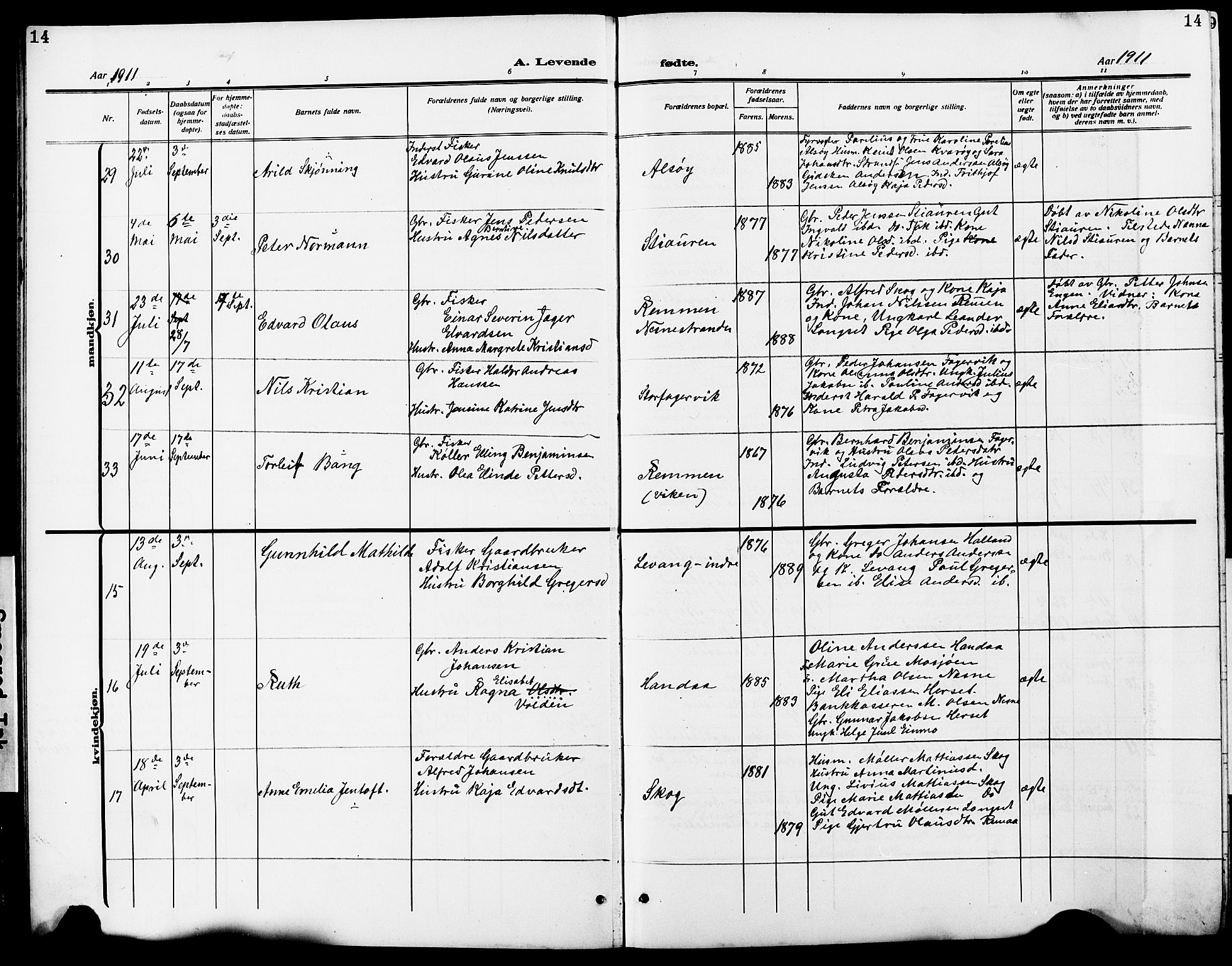 Ministerialprotokoller, klokkerbøker og fødselsregistre - Nordland, SAT/A-1459/838/L0560: Parish register (copy) no. 838C07, 1910-1928, p. 14