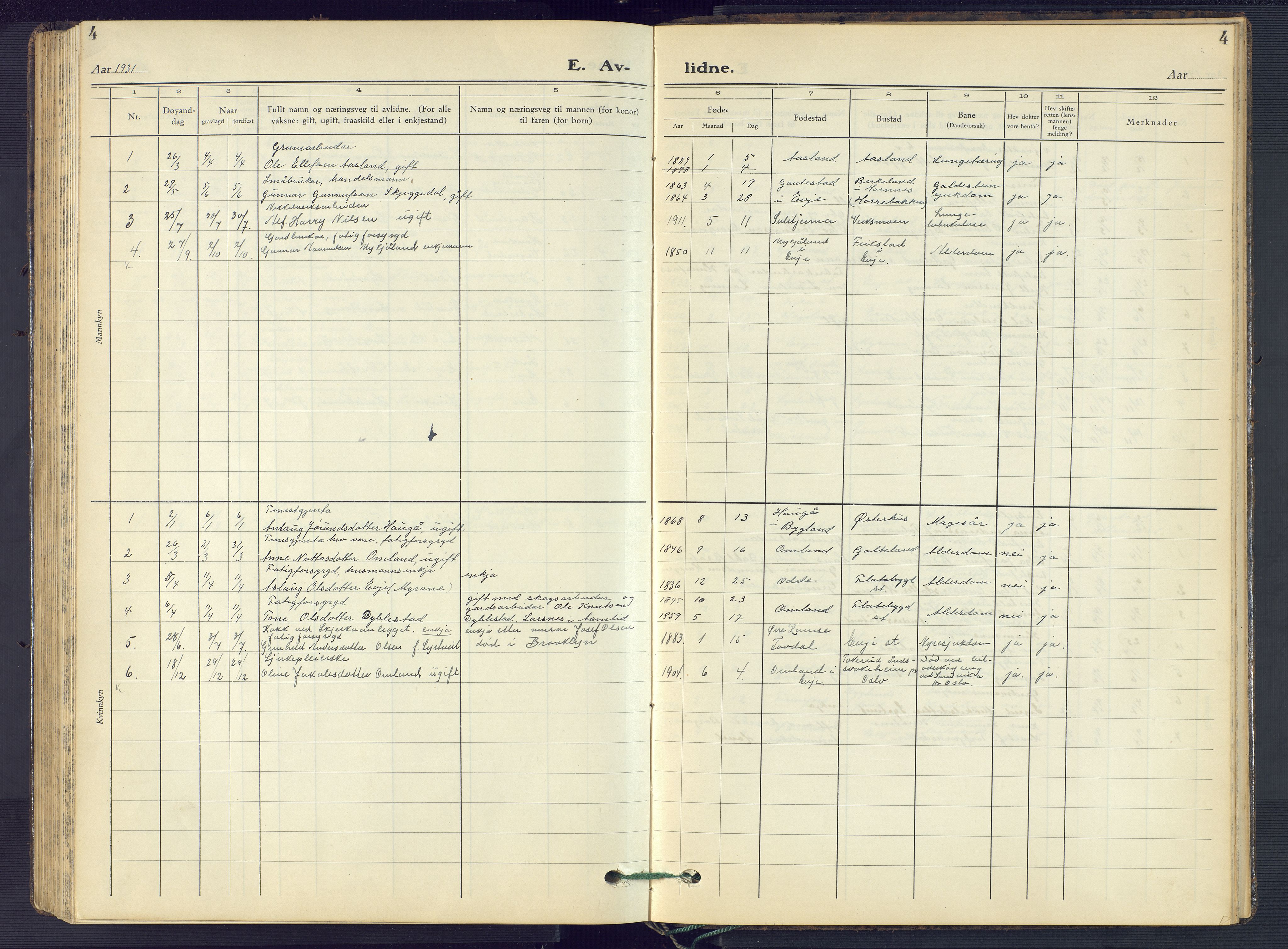 Evje sokneprestkontor, SAK/1111-0008/F/Fb/Fba/L0006: Parish register (copy) no. B 6, 1927-1956, p. 4
