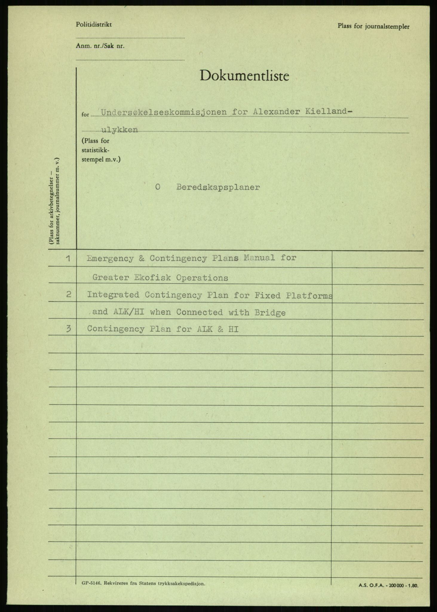 Justisdepartementet, Granskningskommisjonen ved Alexander Kielland-ulykken 27.3.1980, AV/RA-S-1165/D/L0016: O Beredskapsplaner (Doku.liste + O1-O3 av 3), 1980-1981, p. 2