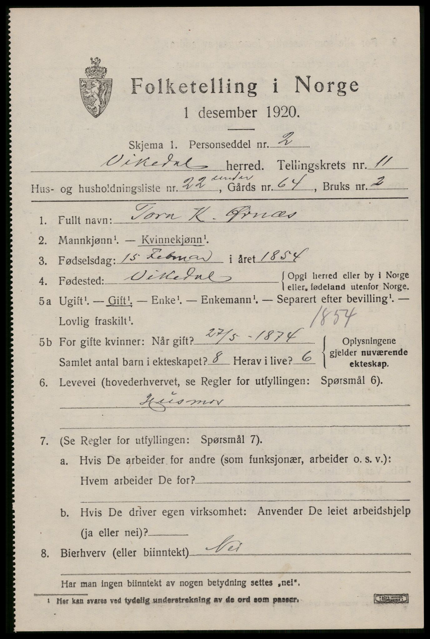 SAST, 1920 census for Vikedal, 1920, p. 3755