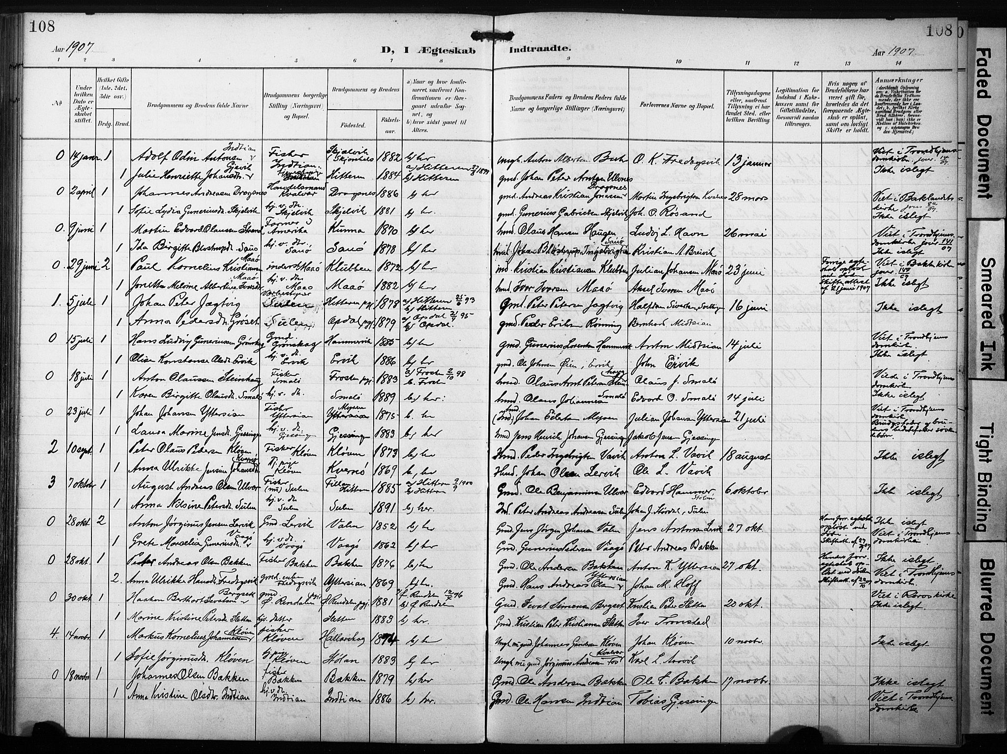 Ministerialprotokoller, klokkerbøker og fødselsregistre - Sør-Trøndelag, SAT/A-1456/640/L0580: Parish register (official) no. 640A05, 1902-1910, p. 108