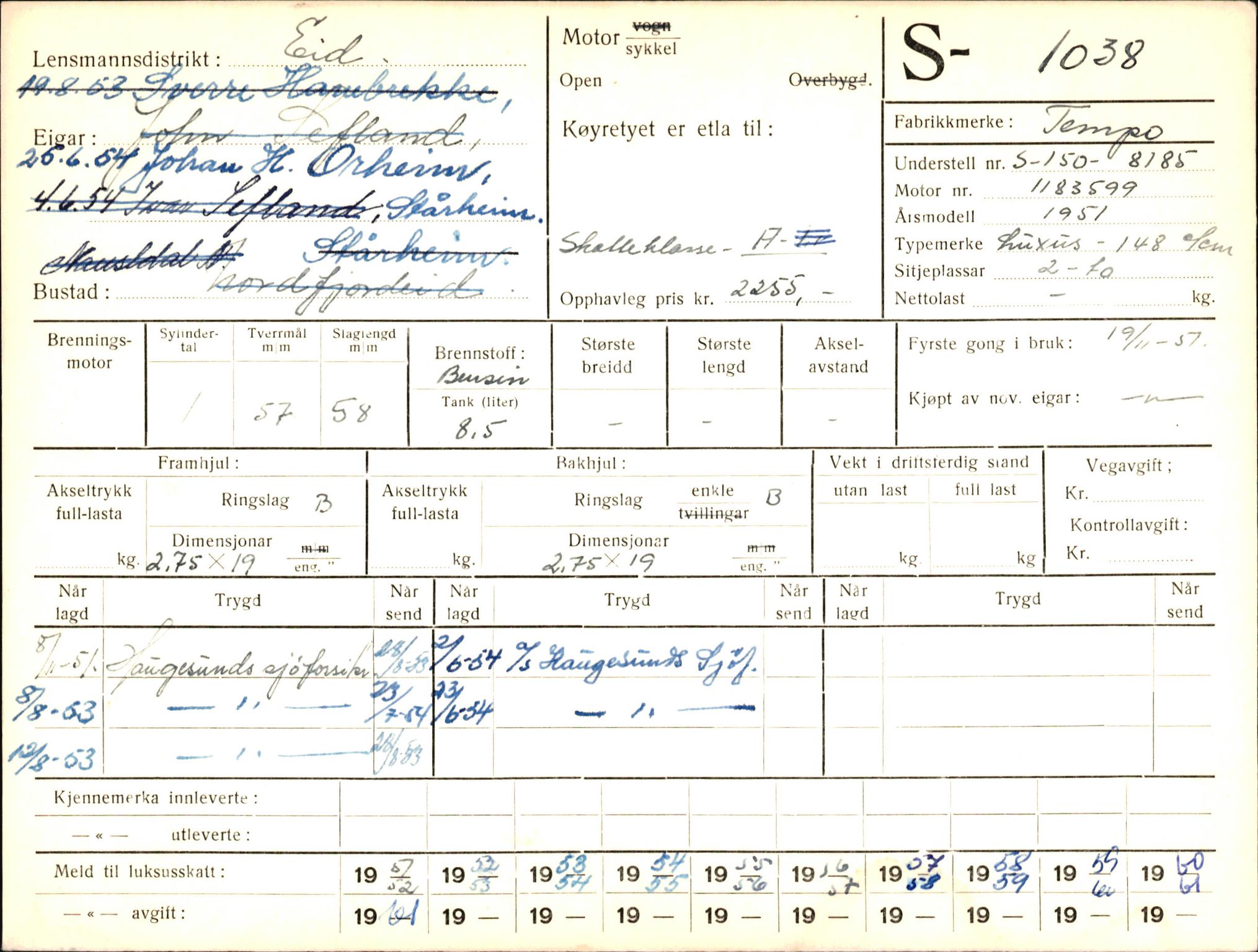 Statens vegvesen, Sogn og Fjordane vegkontor, AV/SAB-A-5301/4/F/L0003: Registerkort utmeldte Fjordane S1000-2499, 1930-1961, p. 66