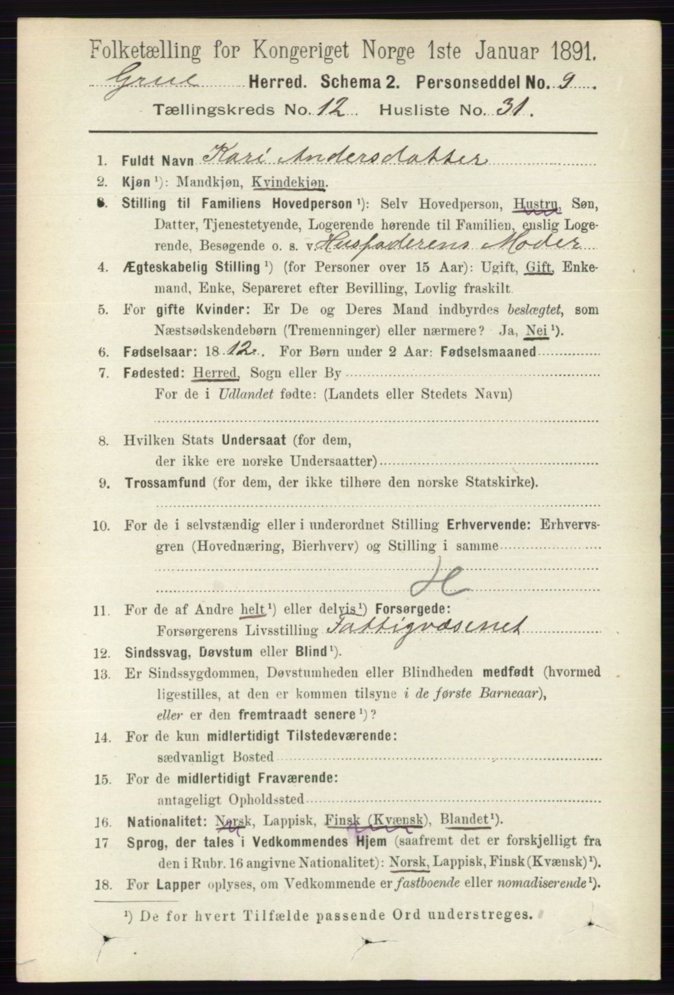 RA, 1891 census for 0423 Grue, 1891, p. 6311