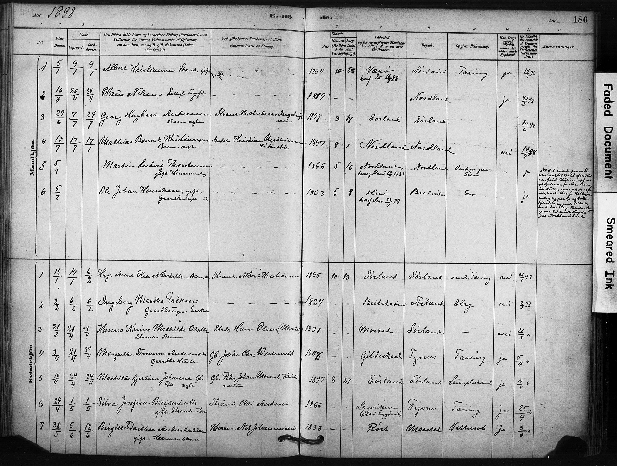 Ministerialprotokoller, klokkerbøker og fødselsregistre - Nordland, AV/SAT-A-1459/807/L0122: Parish register (official) no. 807A05, 1880-1902, p. 186