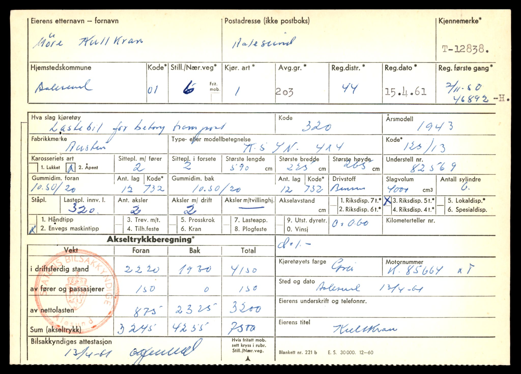 Møre og Romsdal vegkontor - Ålesund trafikkstasjon, AV/SAT-A-4099/F/Fe/L0036: Registreringskort for kjøretøy T 12831 - T 13030, 1927-1998, p. 181