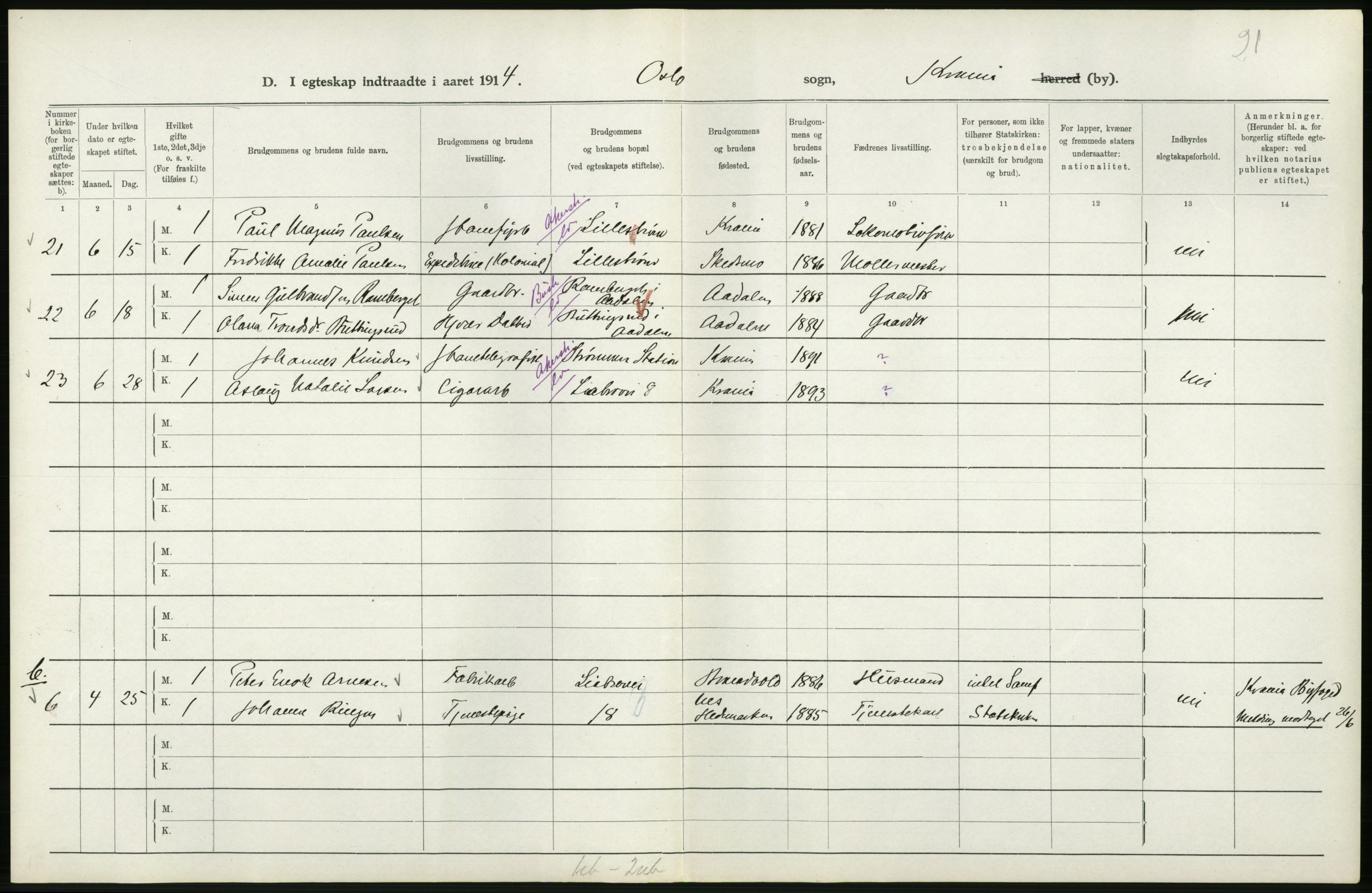 Statistisk sentralbyrå, Sosiodemografiske emner, Befolkning, AV/RA-S-2228/D/Df/Dfb/Dfbd/L0007: Kristiania: Gifte, 1914, p. 132