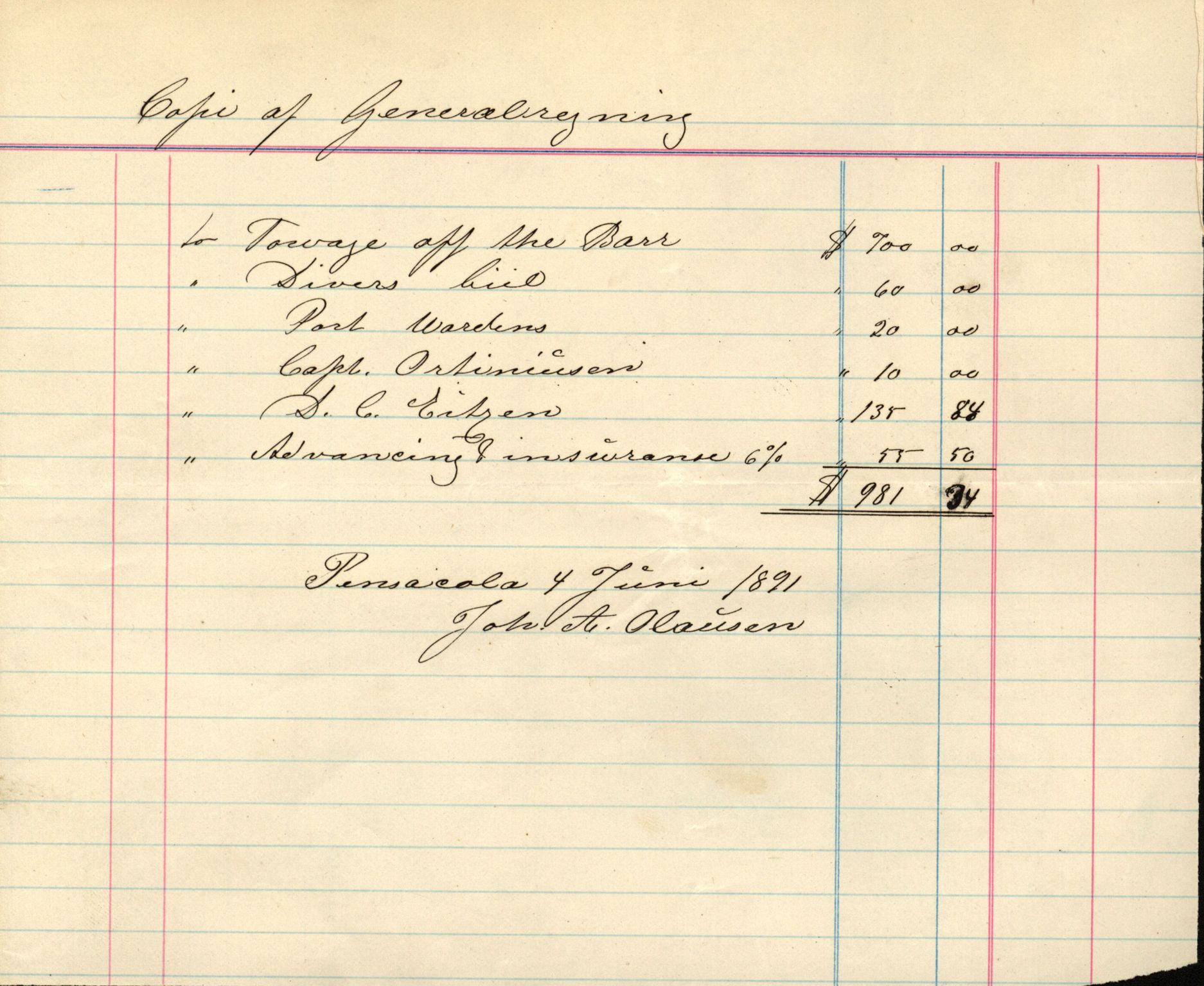 Pa 63 - Østlandske skibsassuranceforening, VEMU/A-1079/G/Ga/L0027/0003: Havaridokumenter / Bothnia, Petropolis, Agathe, Annie, Ispolen, Isploven, 1891, p. 1