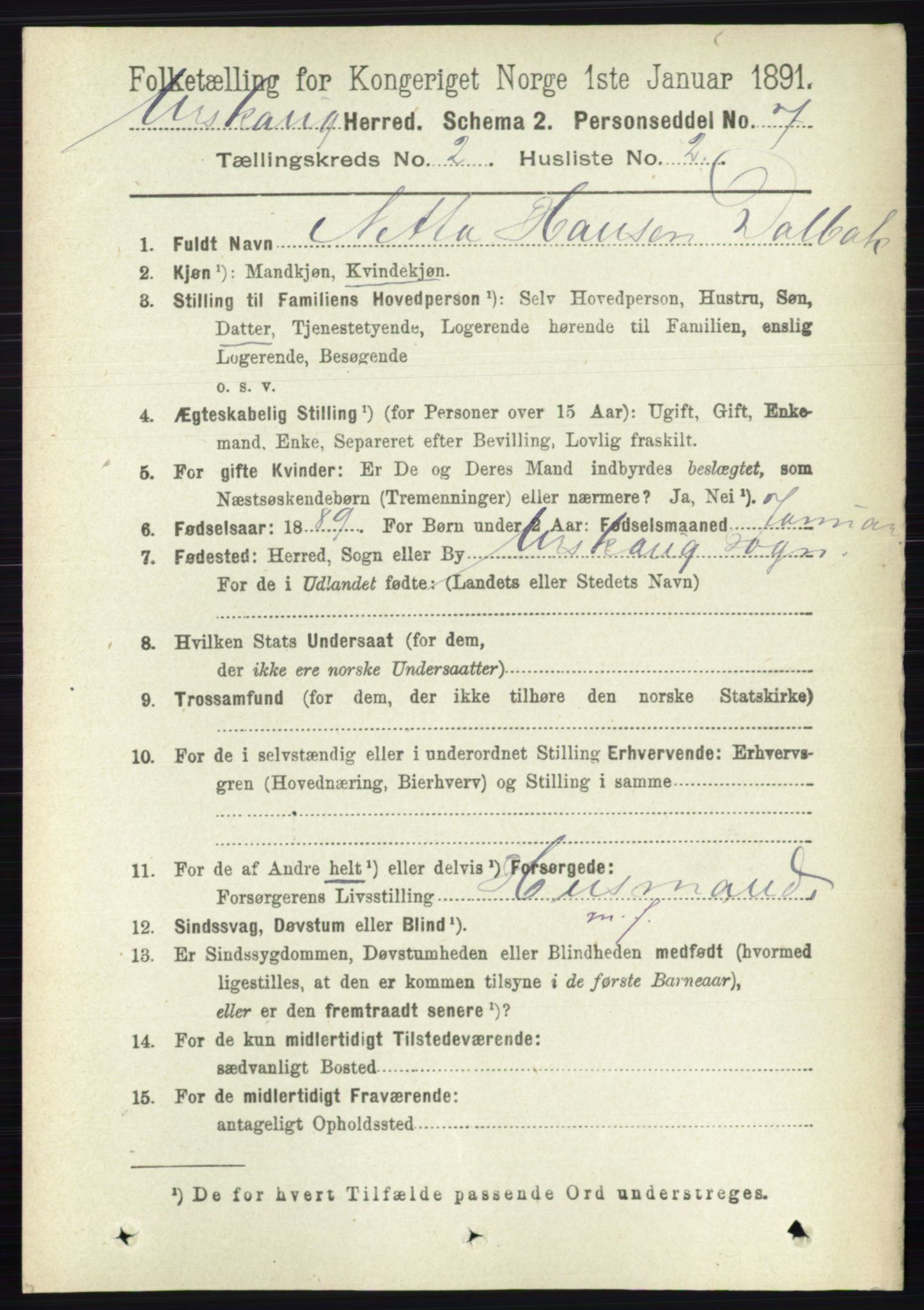 RA, 1891 census for 0224 Aurskog, 1891, p. 199