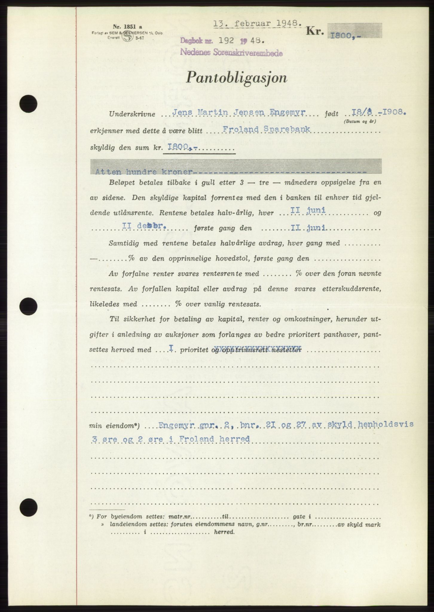 Nedenes sorenskriveri, AV/SAK-1221-0006/G/Gb/Gbb/L0005: Mortgage book no. B5, 1948-1948, Diary no: : 192/1948