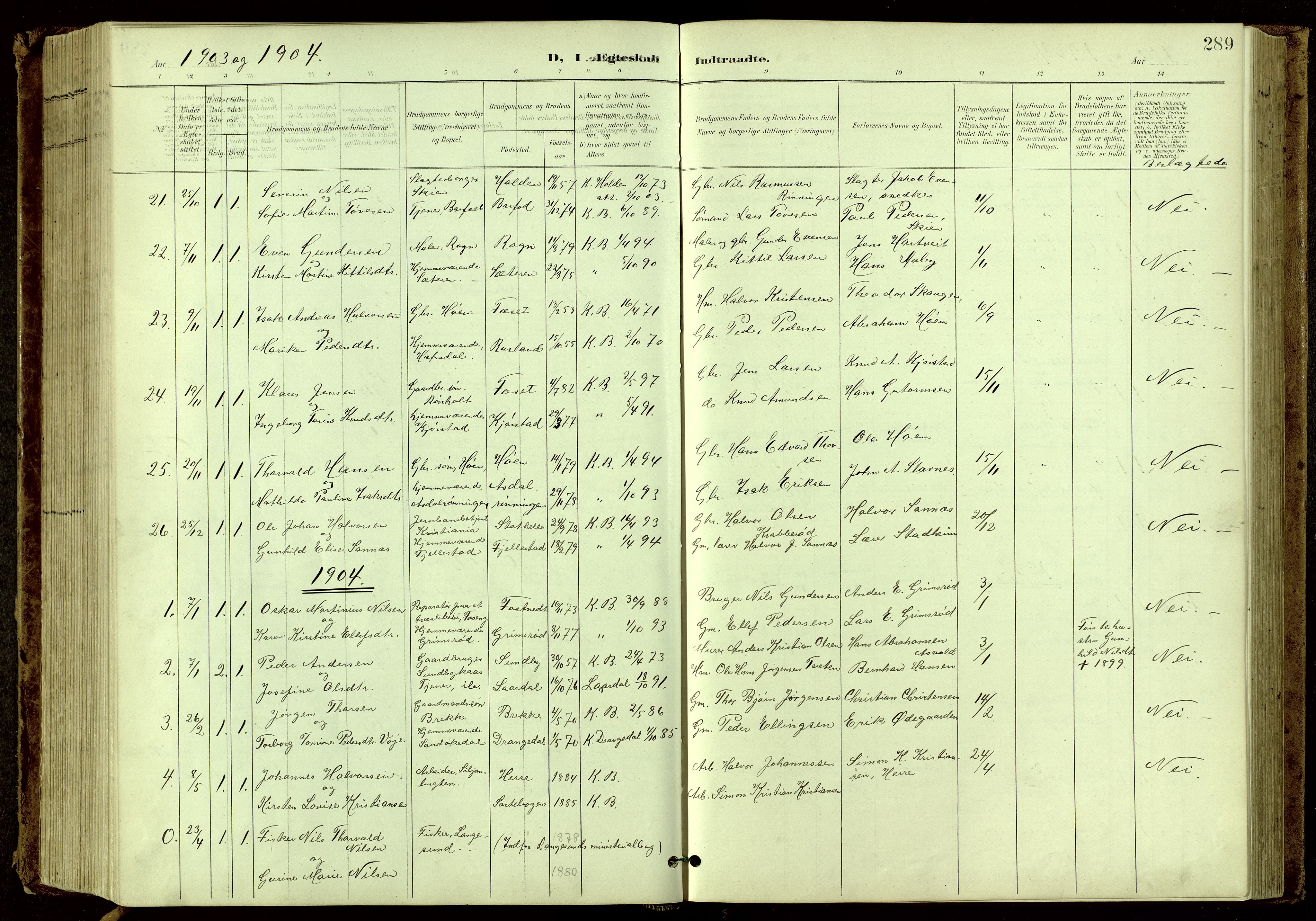Bamble kirkebøker, SAKO/A-253/G/Ga/L0010: Parish register (copy) no. I 10, 1901-1919, p. 289