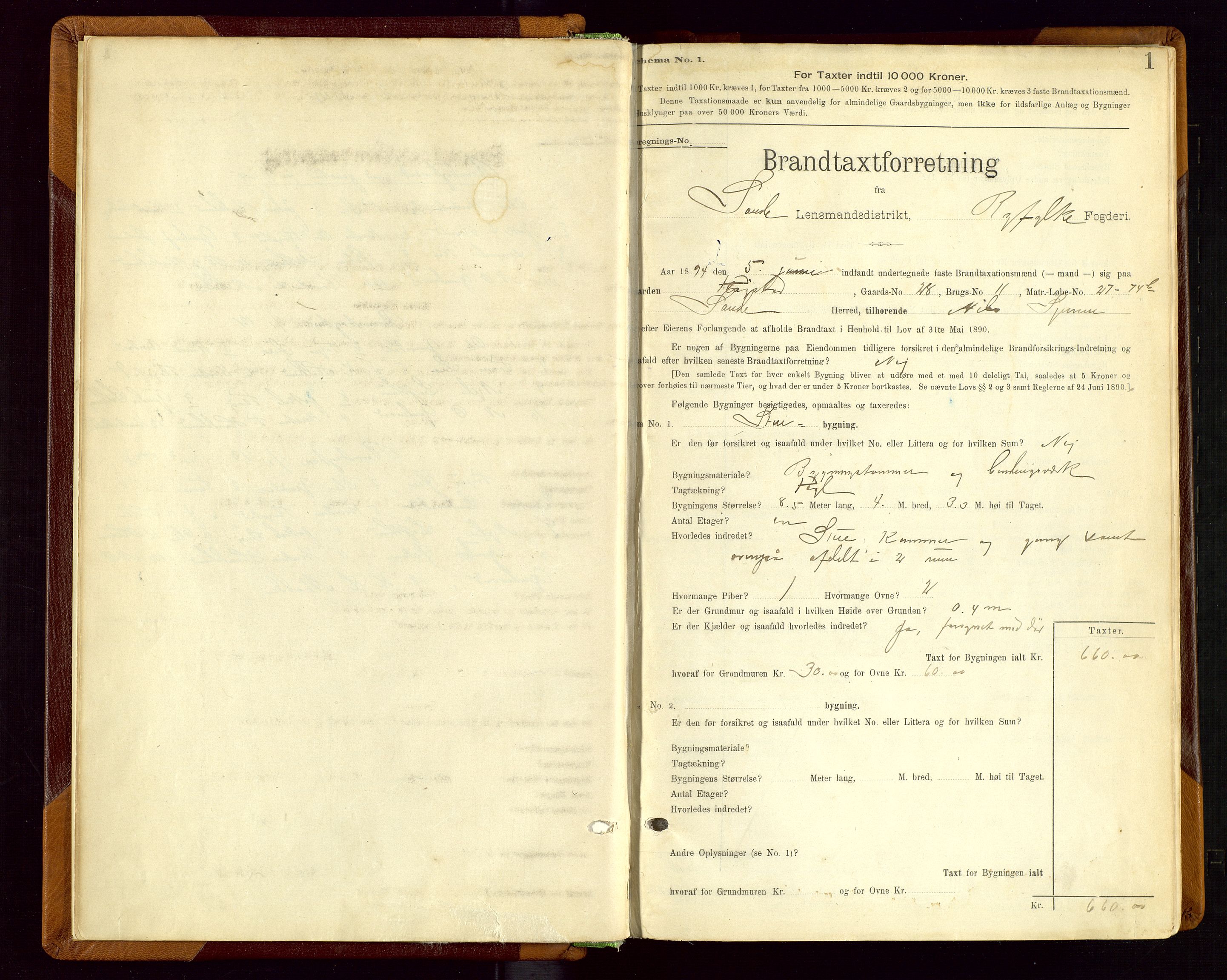 Sauda lensmannskontor, SAST/A-100177/Gob/L0001: Branntakstprotokoll - skjematakst, 1894-1914, p. 1