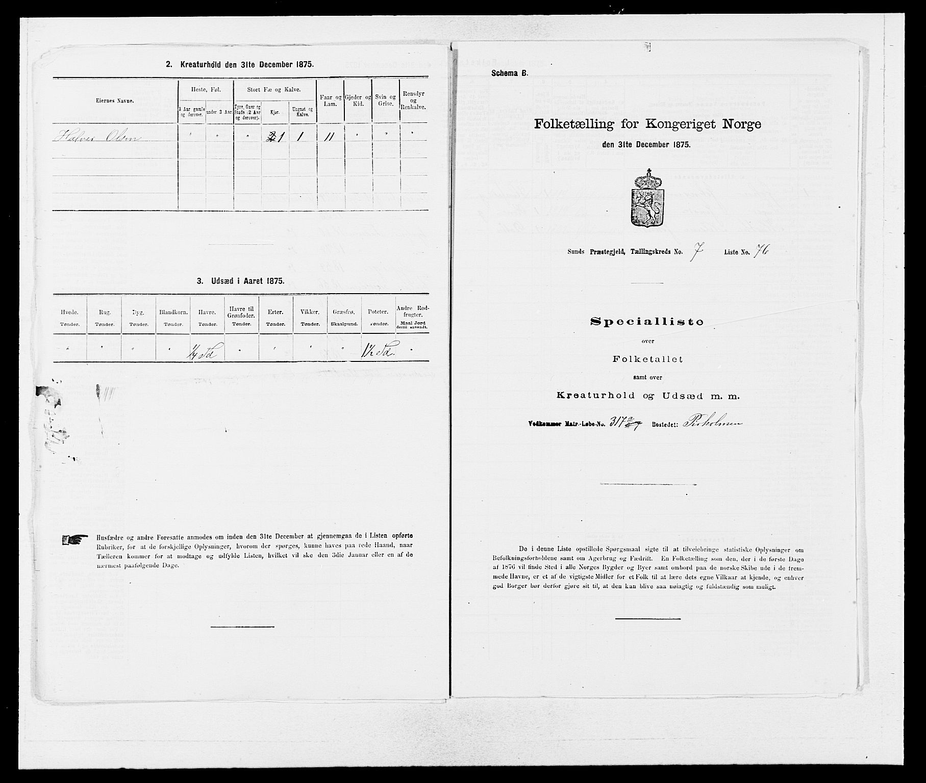 SAB, 1875 census for 1245P Sund, 1875, p. 826