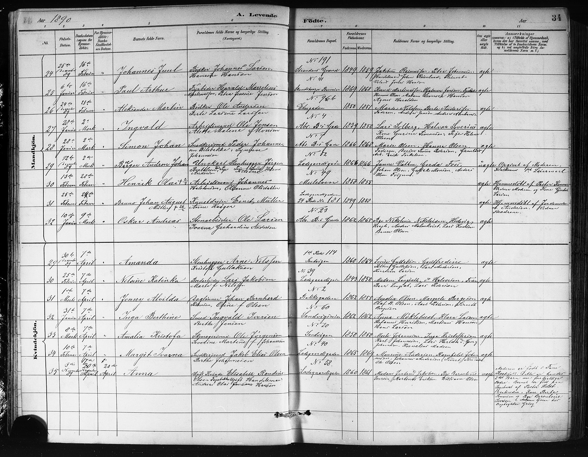 Sandviken Sokneprestembete, AV/SAB-A-77601/H/Hb/L0002: Parish register (copy) no. A 3, 1888-1902, p. 34