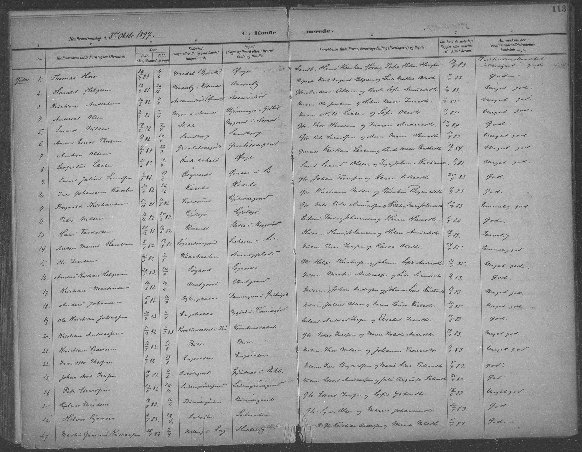 Aremark prestekontor Kirkebøker, SAO/A-10899/F/Fb/L0005: Parish register (official) no. II 5, 1895-1919, p. 113