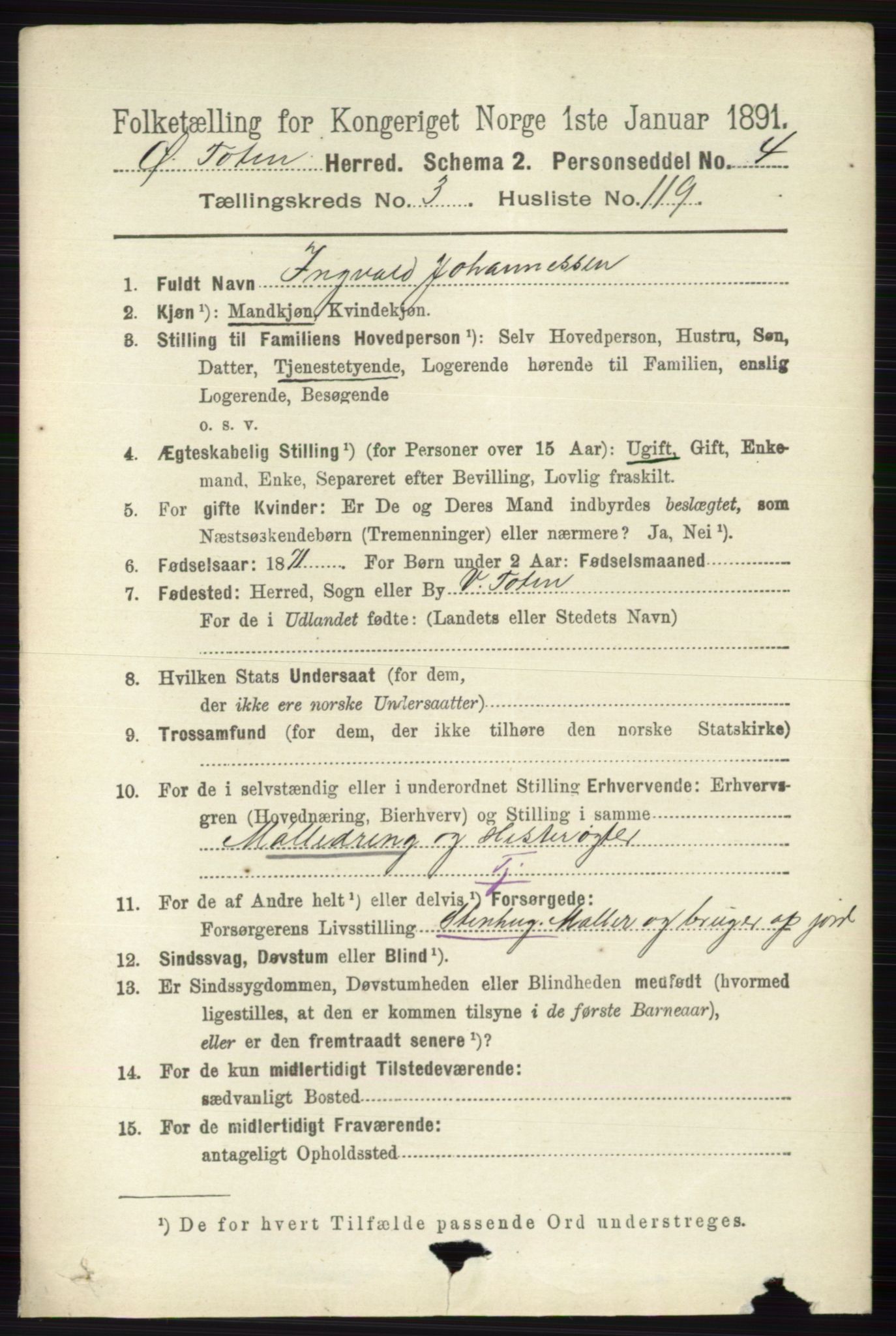 RA, 1891 census for 0528 Østre Toten, 1891, p. 2256