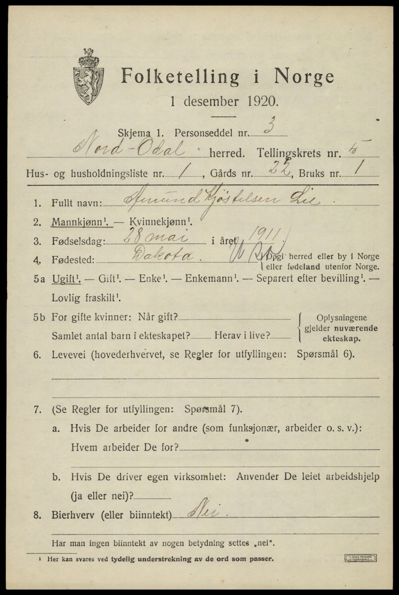 SAH, 1920 census for Nord-Odal, 1920, p. 5037