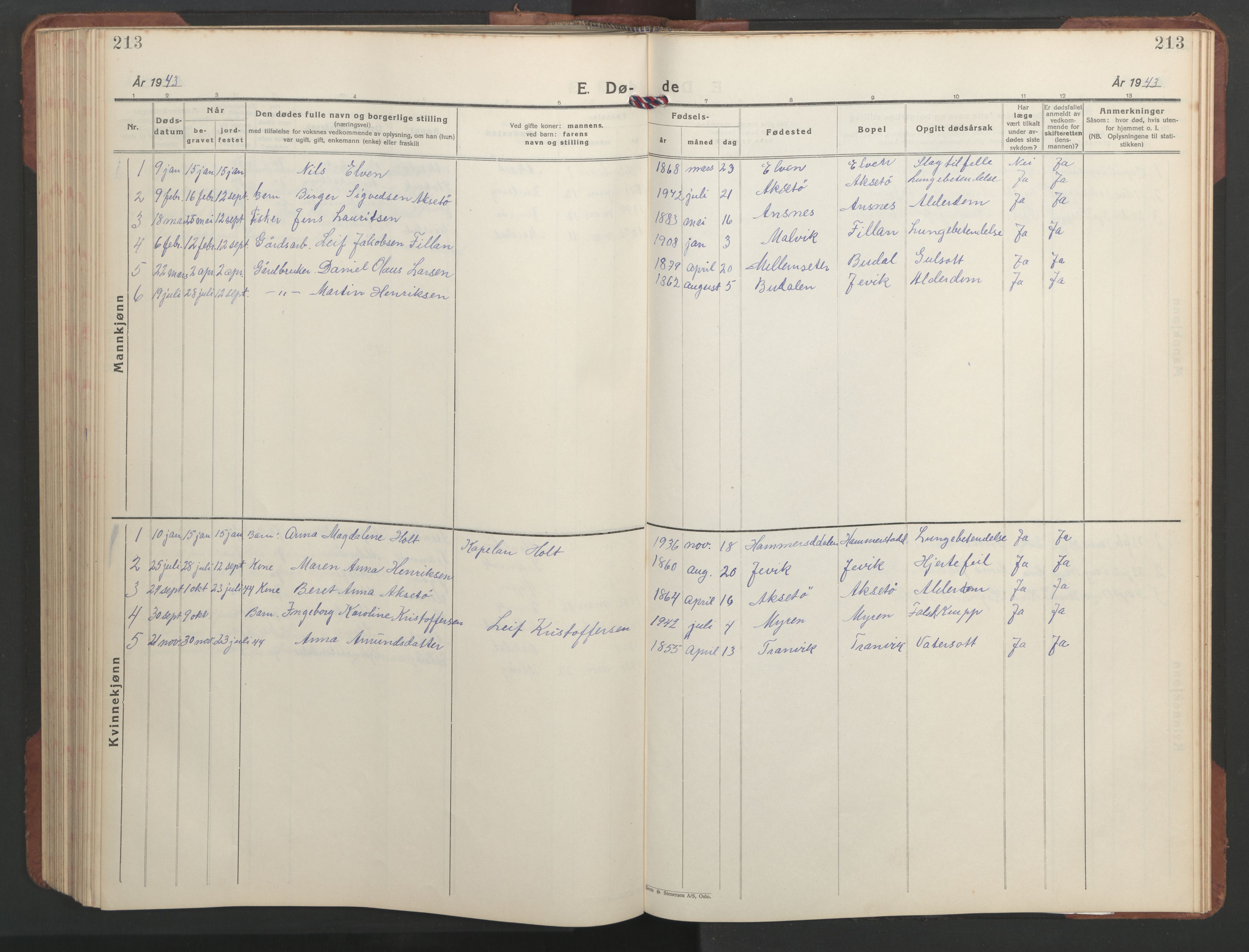 Ministerialprotokoller, klokkerbøker og fødselsregistre - Sør-Trøndelag, SAT/A-1456/637/L0564: Parish register (copy) no. 637C05, 1928-1968, p. 213