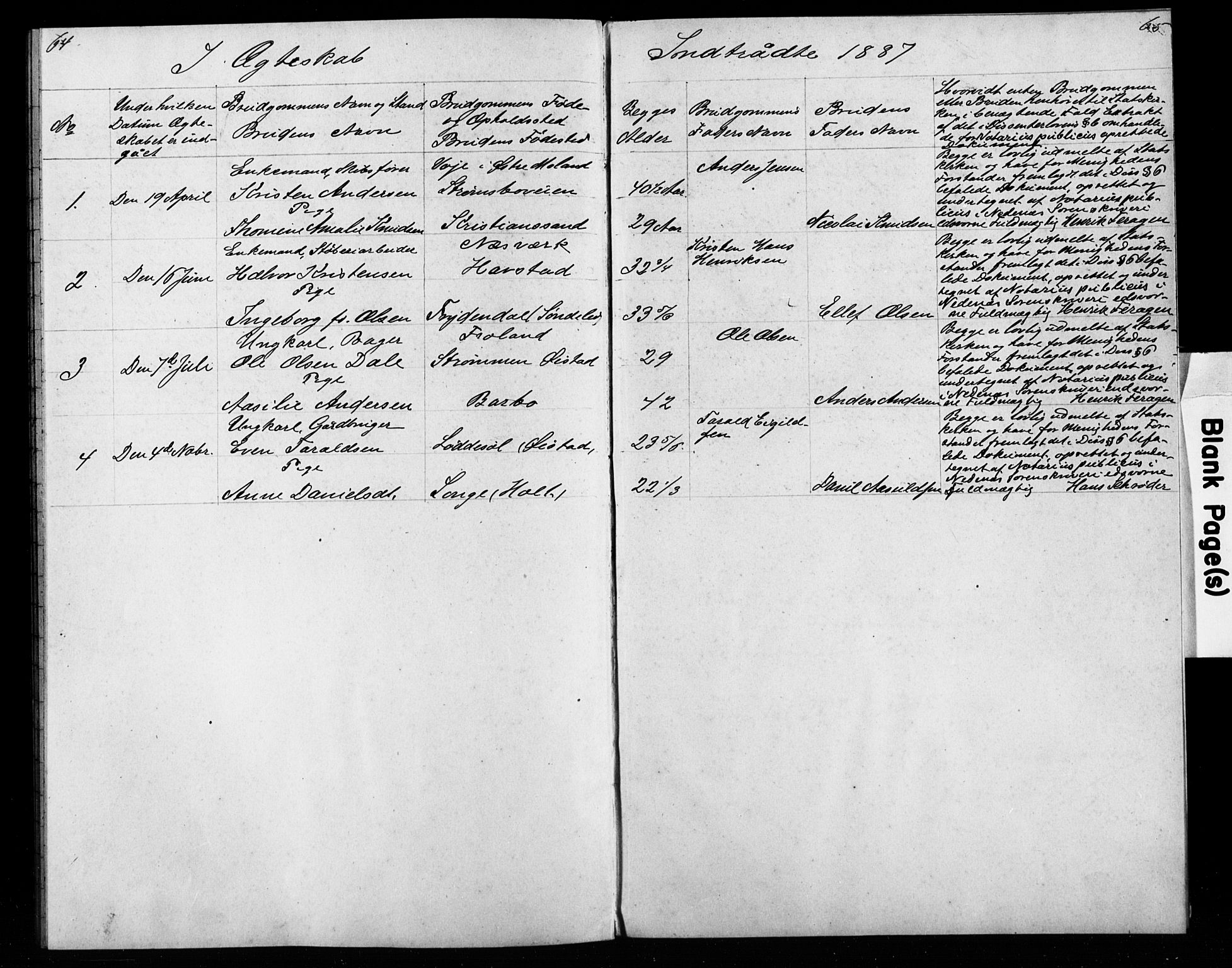 Den evangelisk-lutherske frimenighet, Arendal, AV/SAK-1292-0005/F/Fa/L0003: Dissenter register no. F 7, 1887-1887, p. 64-65