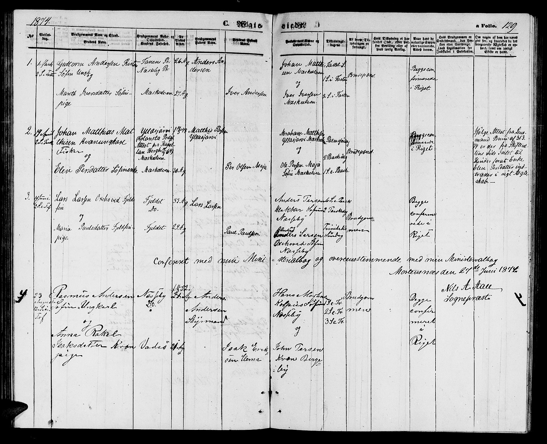 Nesseby sokneprestkontor, AV/SATØ-S-1330/H/Hb/L0003klokker: Parish register (copy) no. 3, 1869-1876, p. 129