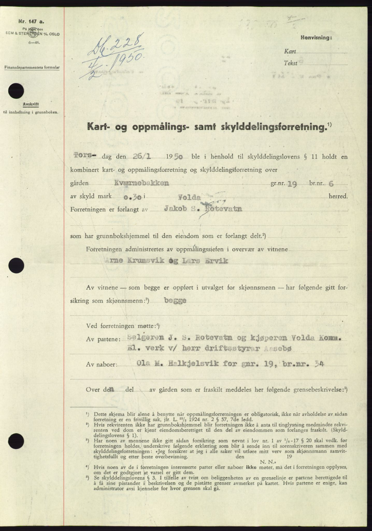 Søre Sunnmøre sorenskriveri, AV/SAT-A-4122/1/2/2C/L0086: Mortgage book no. 12A, 1949-1950, Diary no: : 228/1950