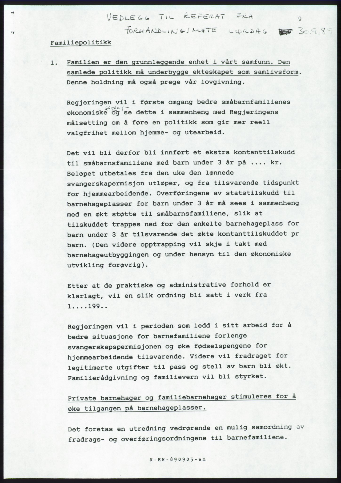 Forhandlingsmøtene 1989 mellom Høyre, KrF og Senterpartiet om dannelse av regjering, AV/RA-PA-0697/A/L0001: Forhandlingsprotokoll med vedlegg, 1989, p. 400