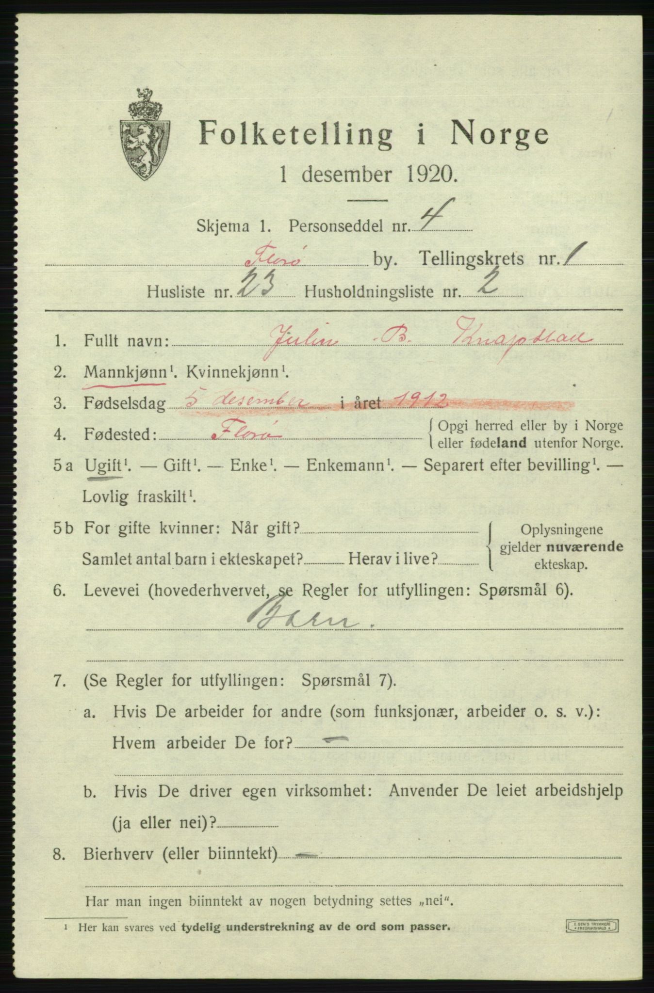 SAB, 1920 census for Florø, 1920, p. 1534