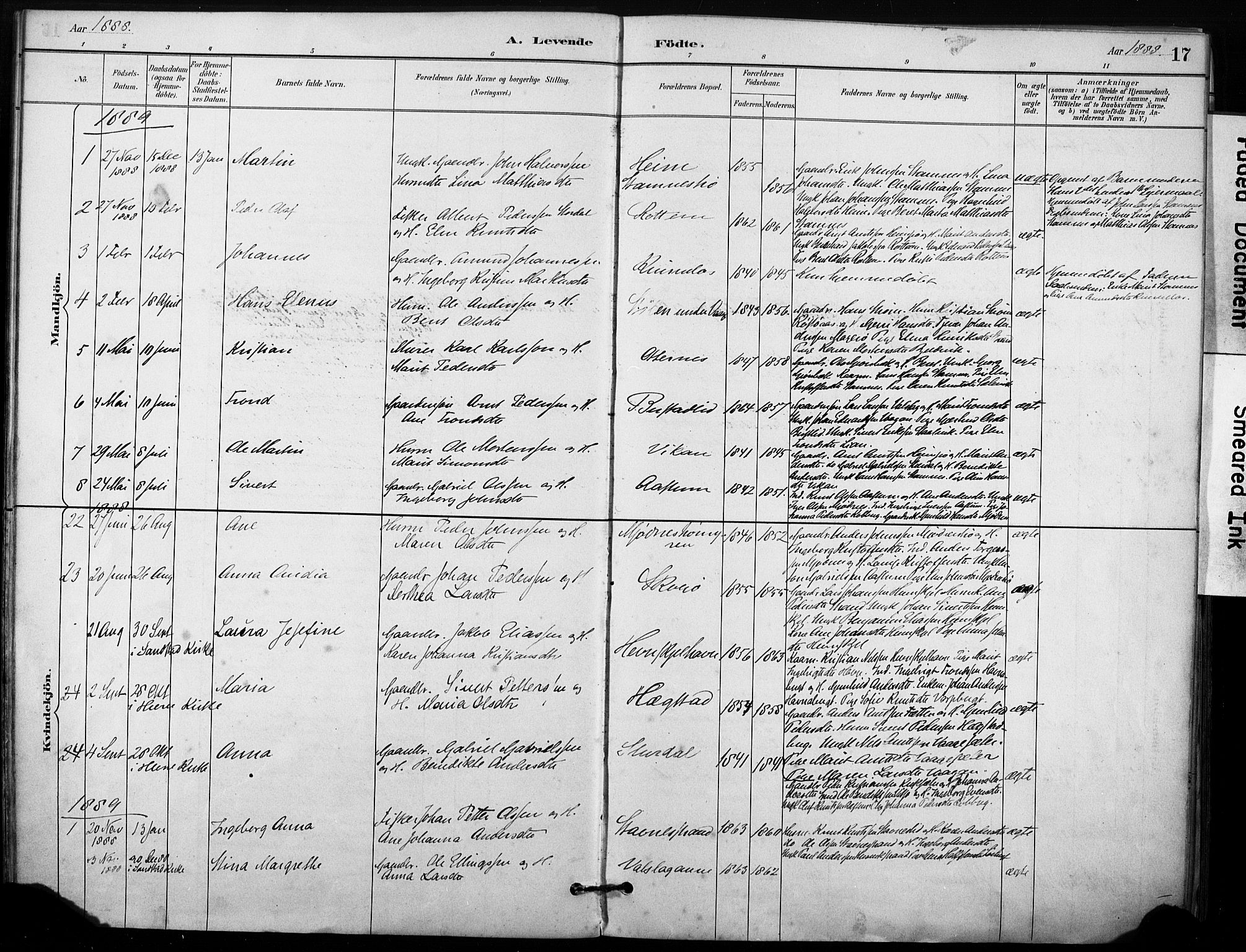Ministerialprotokoller, klokkerbøker og fødselsregistre - Sør-Trøndelag, SAT/A-1456/633/L0518: Parish register (official) no. 633A01, 1884-1906, p. 17