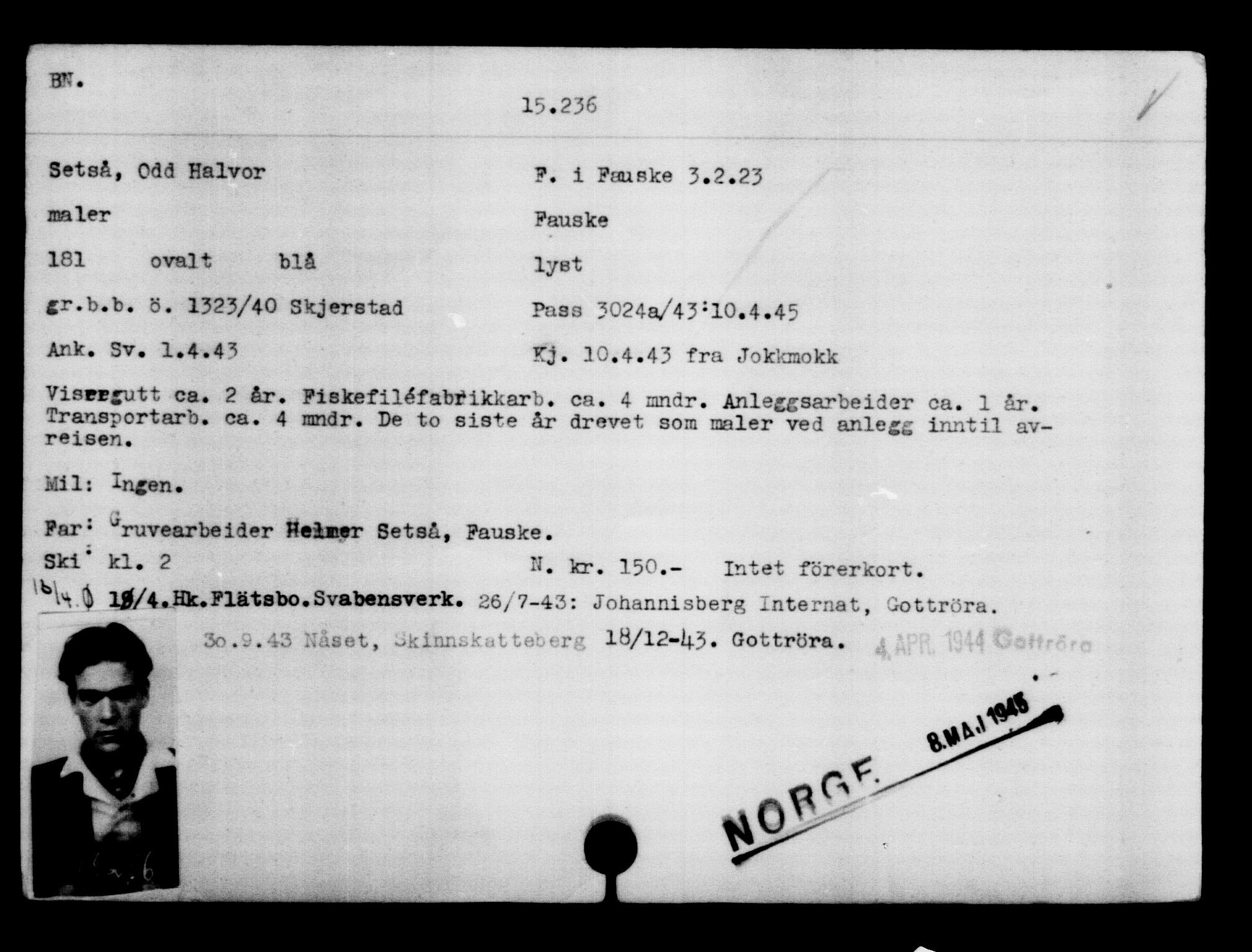 Utenriksstasjonene, Legasjonen i Stockholm, Flyktningkontoret, AV/RA-S-6753/V/Va/L0007: Kjesäterkartoteket, flyktninger med registreringsnr. 12700-15723, 1940-1945, p. 2912