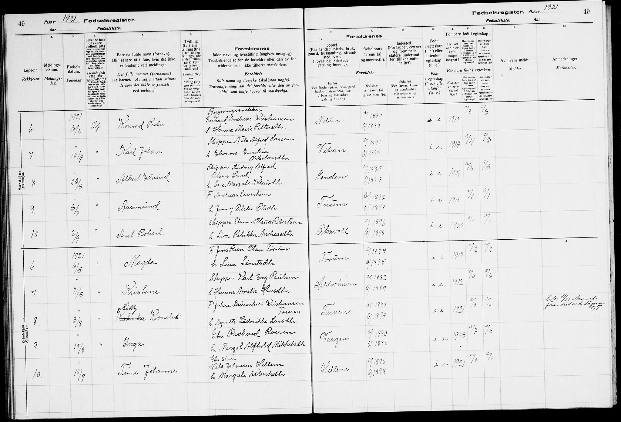 Ministerialprotokoller, klokkerbøker og fødselsregistre - Sør-Trøndelag, SAT/A-1456/651/L0650: Birth register no. 651.II.4.1, 1916-1923, p. 49