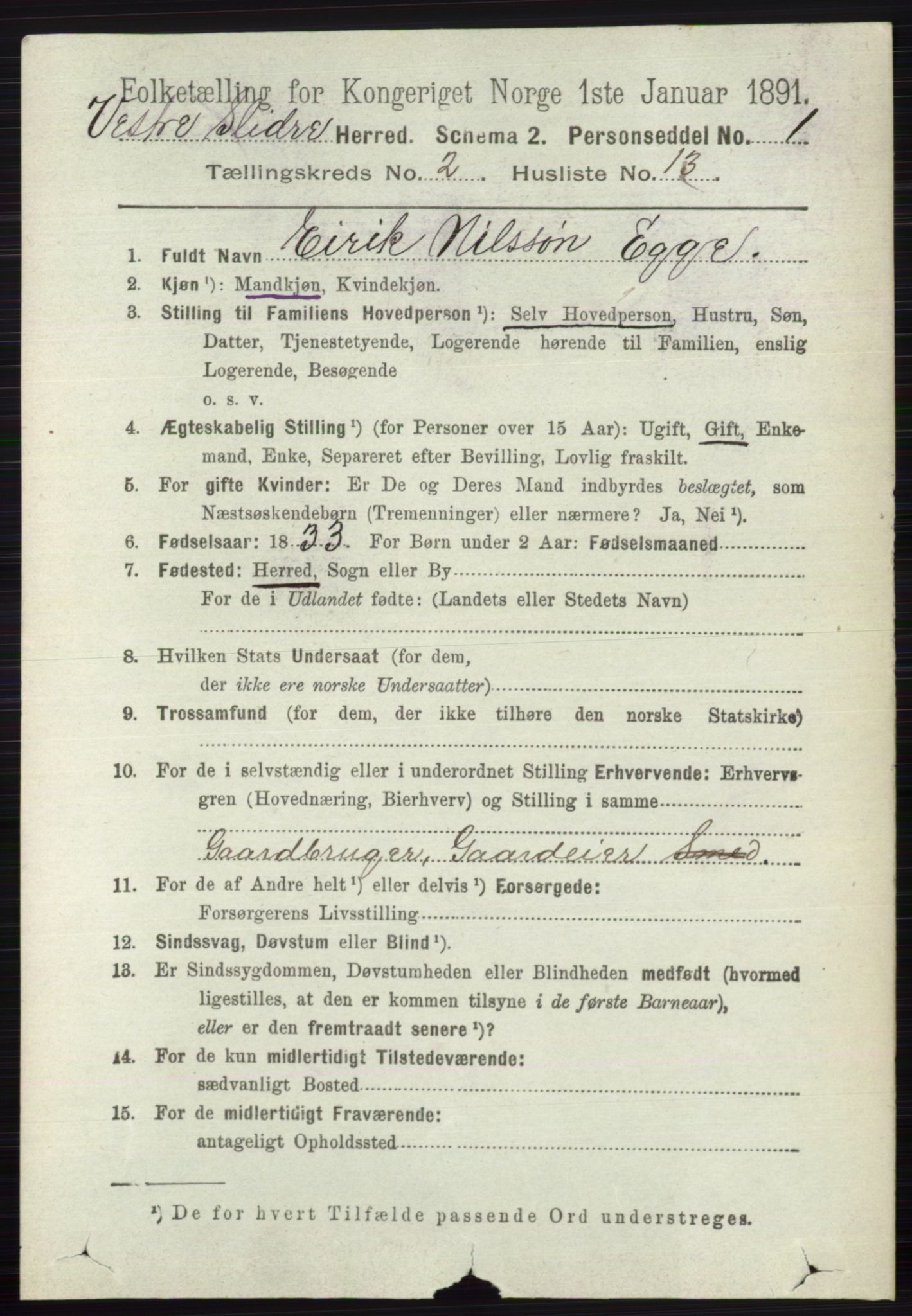 RA, 1891 census for 0543 Vestre Slidre, 1891, p. 599