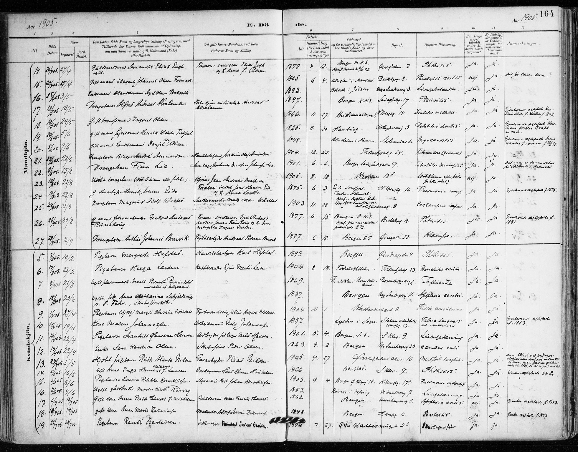 Mariakirken Sokneprestembete, SAB/A-76901/H/Haa/L0008: Parish register (official) no. A 8, 1893-1942, p. 164