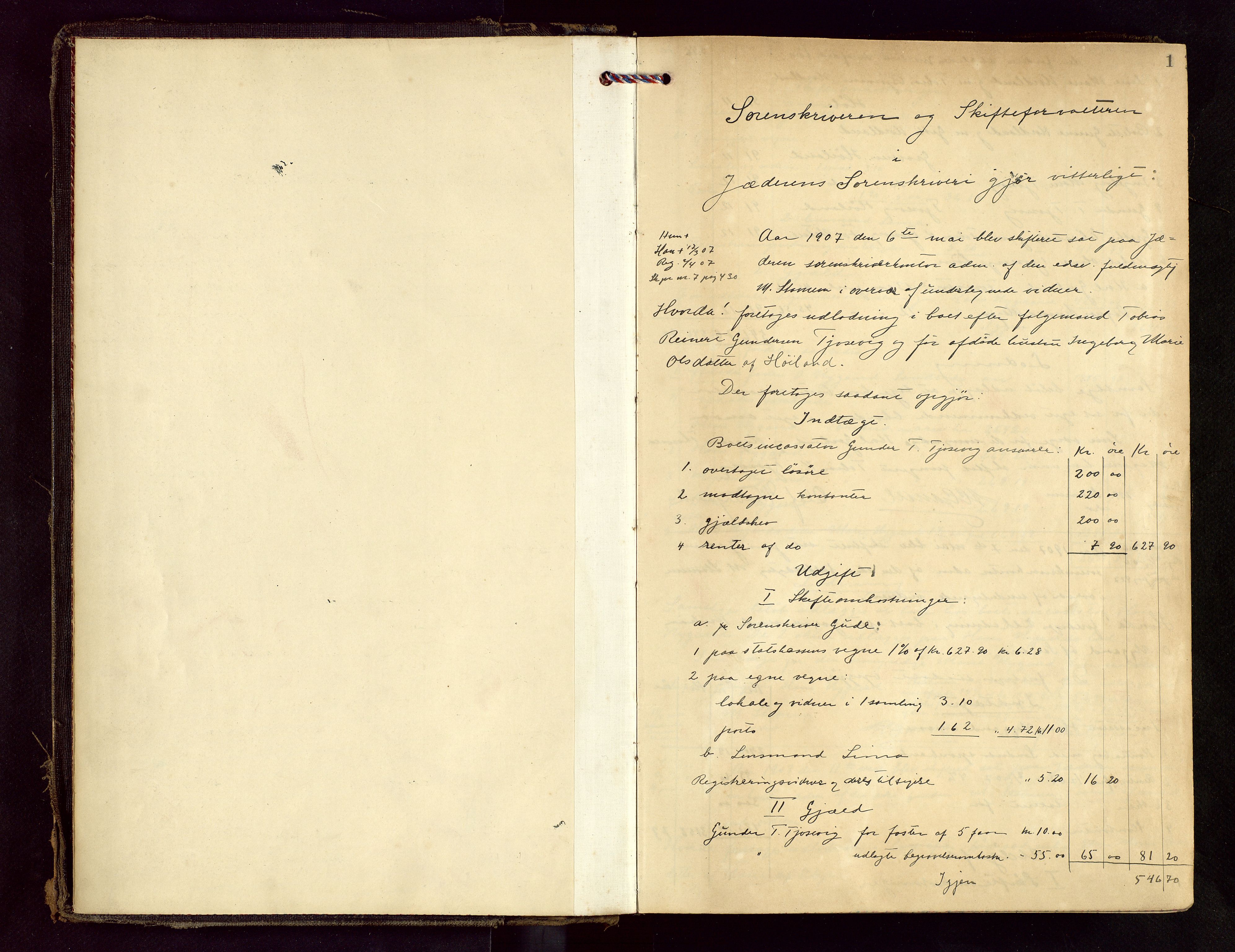 Jæren sorenskriveri, AV/SAST-A-100310/01/5/50/50BB/L0007: SKIFTEUTLODNINGSPROTOKOLL, 1907-1914, p. 1