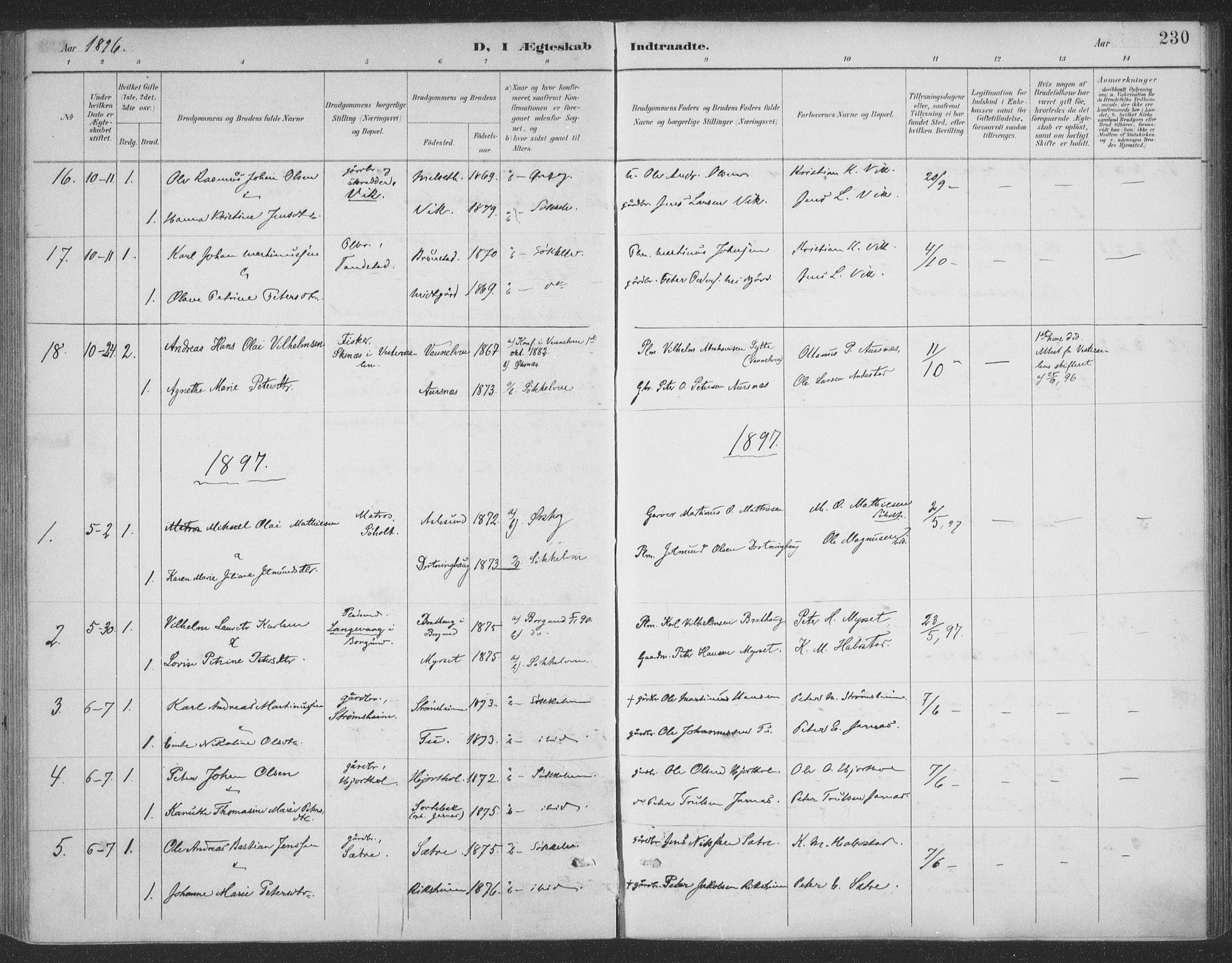 Ministerialprotokoller, klokkerbøker og fødselsregistre - Møre og Romsdal, SAT/A-1454/523/L0335: Parish register (official) no. 523A02, 1891-1911, p. 230