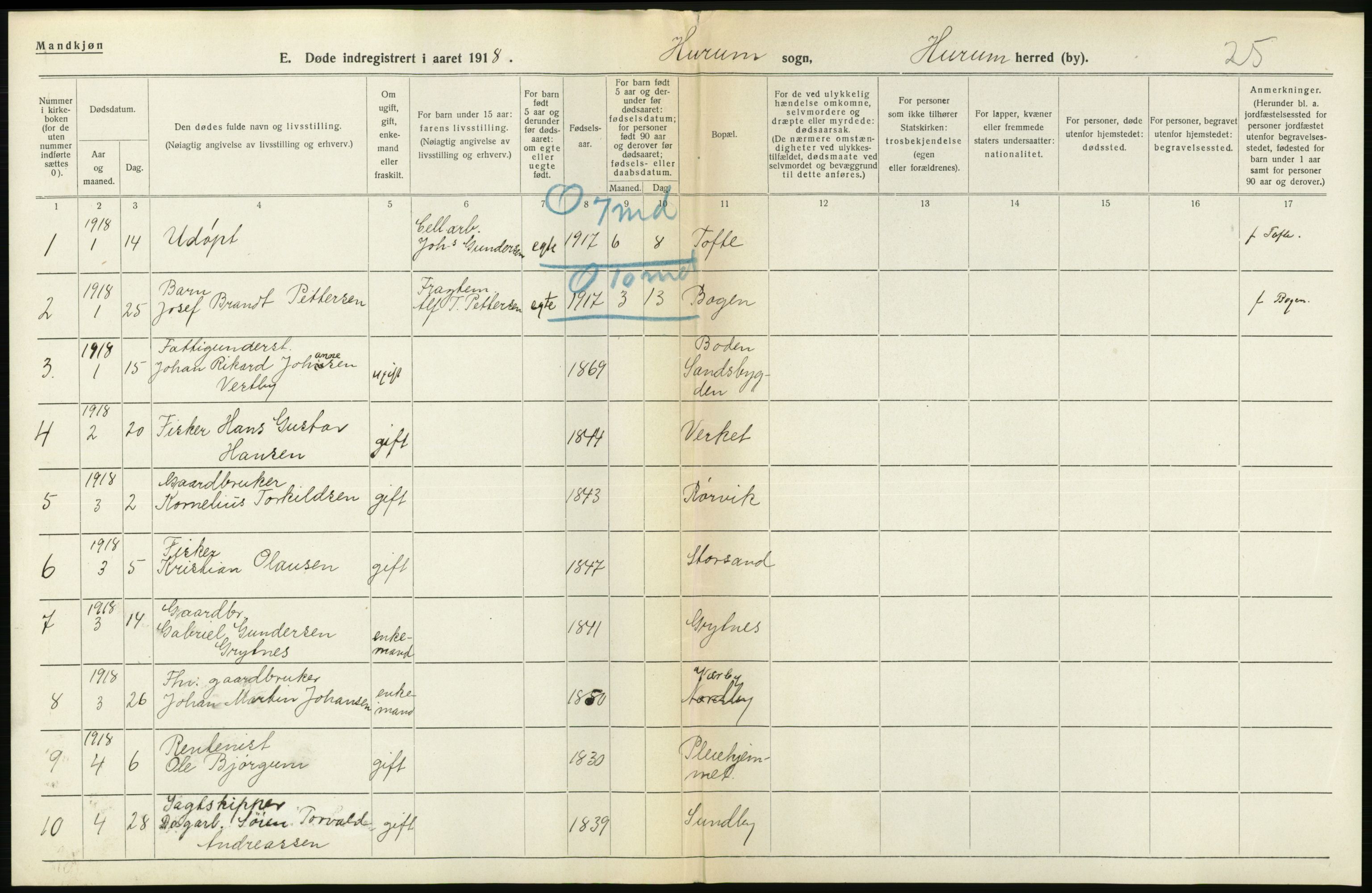 Statistisk sentralbyrå, Sosiodemografiske emner, Befolkning, AV/RA-S-2228/D/Df/Dfb/Dfbh/L0020: Buskerud fylke: Døde. Bygder og byer., 1918, p. 2