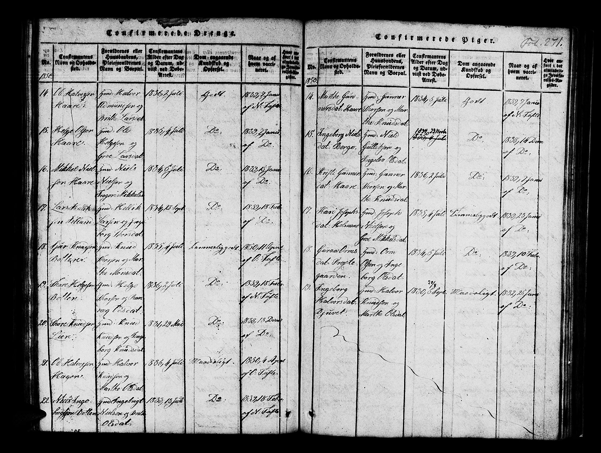 Røldal sokneprestembete, AV/SAB-A-100247: Parish register (official) no. A 2, 1817-1856, p. 271