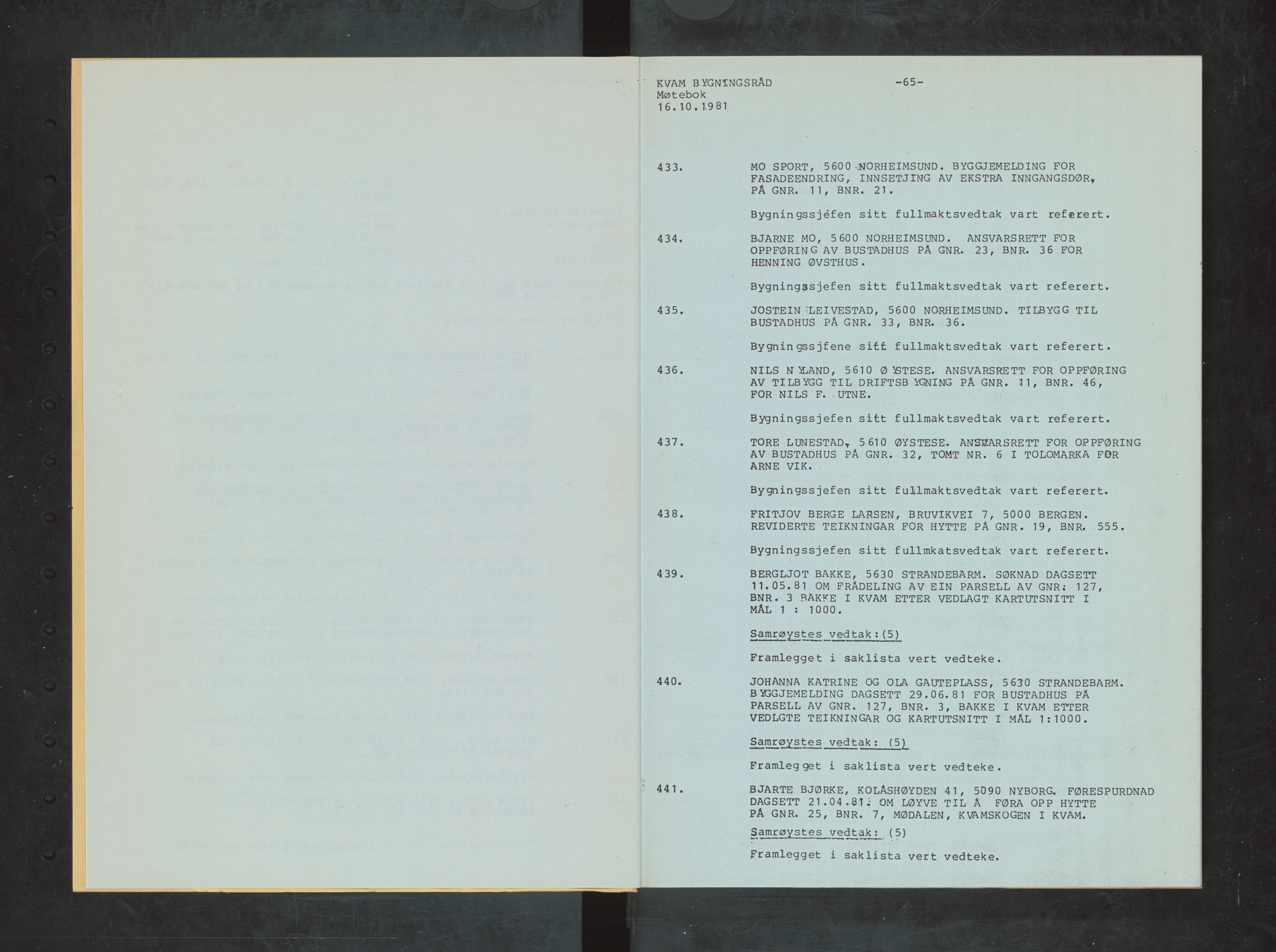 Kvam herad. Bygningsrådet, IKAH/1238-511/A/Ab/L0098: Utskrift av møtebok for Kvam bygningsråd, 1981