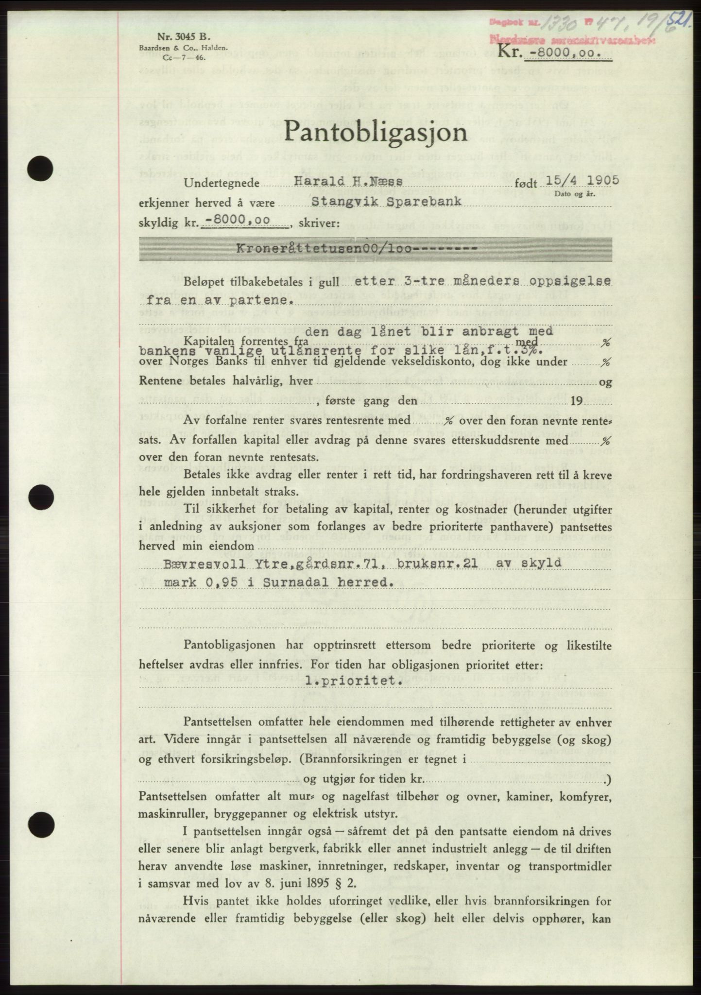 Nordmøre sorenskriveri, AV/SAT-A-4132/1/2/2Ca: Mortgage book no. B96, 1947-1947, Diary no: : 1330/1947