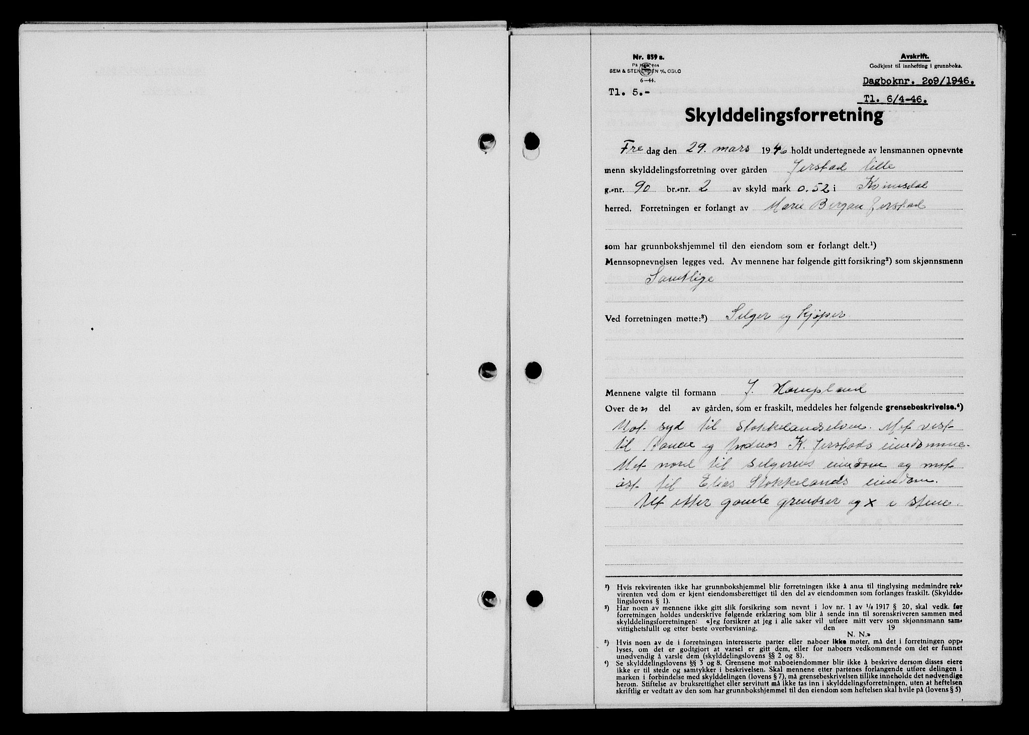 Flekkefjord sorenskriveri, SAK/1221-0001/G/Gb/Gba/L0060: Mortgage book no. A-8, 1945-1946, Diary no: : 209/1946