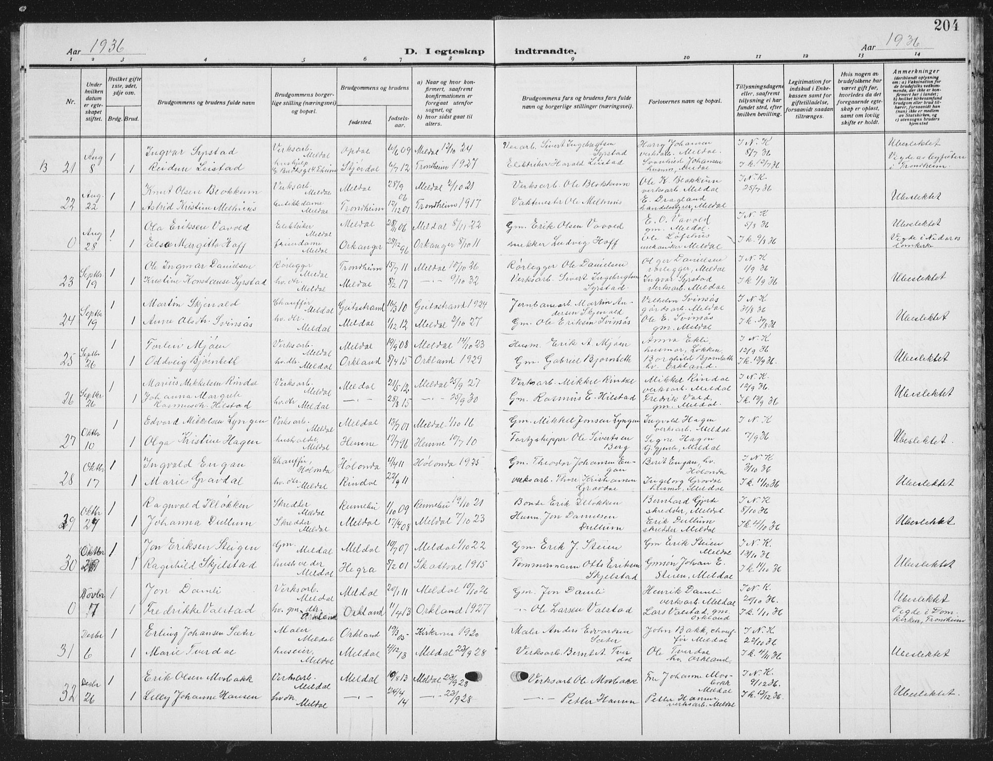 Ministerialprotokoller, klokkerbøker og fødselsregistre - Sør-Trøndelag, SAT/A-1456/672/L0866: Parish register (copy) no. 672C05, 1929-1939, p. 204