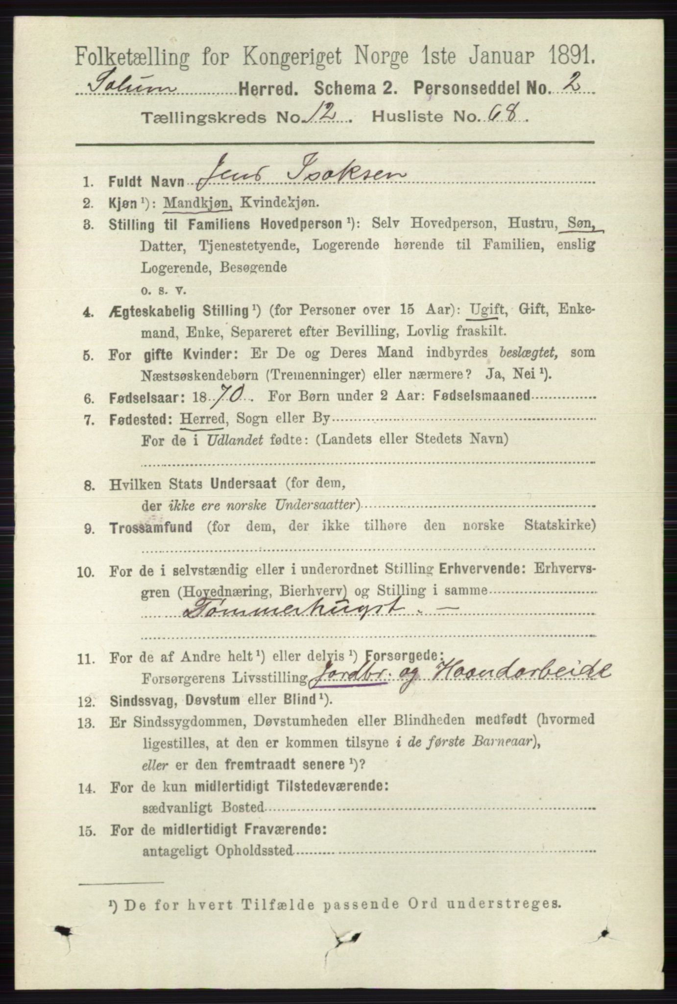 RA, 1891 census for 0818 Solum, 1891, p. 5999